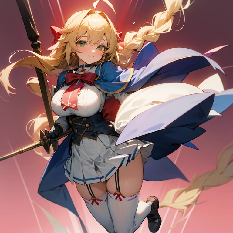 1girl in, Solo, Long hair, huge tit, Looking at Viewer, blush, Bangs, Skirt, Blonde hair, big breast background, thighs thighs thighs thighs, gloves, Bow, bow ribbon, Holding, Twin-tailed, Green eyes, Full body, braid, Ahoge, hair Bow, pleated Skirt, frilld, twin braids, white thighs thighs thighs thighs, zettai ryouiki, Capelet, low Twin-tailed, garter strap, white Skirt, Cross, A staff,Holding A staff, Underbust, blue gloves,absurdly Long hair,Cross-laced clothes,blue Capelet, Red bow ribbons、Cross choker,Underbust,straplessdress,Cross earrings,Smile,