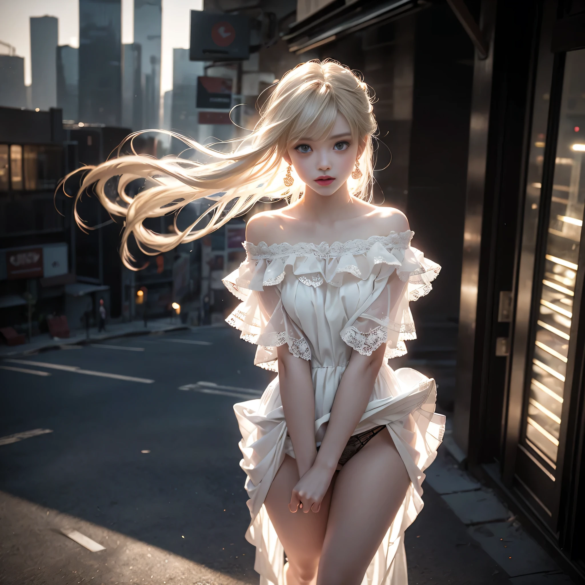 ((girl standing on the street in new york)),bright expression、Young shiny shiny white shiny skin、Best Look Rondo Reflective Light、Platinum blonde hair with dazzling highlights、shiny light hair,、Super long silky straight hair、Beautiful bangs that shine、Glowing crystal clear attractive big blue eyes、Very beautiful nice cute girl、(breasts of medium size,),Beautiful detailed eyes, beautiful detailed nose,(( Full Body Angle:1.5)),Makeup that the eyes emphasize、Royal style,Comic style, , Sub-surface scattering, ornate detail, nature backdrop, Supergianthugebreasts, ((Cinematic)), Dramatic Lighting, masutepiece、((Off-shoulder sheer white long dress:1.4))、((Skirt soaring in the wind)),(Floating skirt),(Holding the skirt with both hands), (high-heels)、(White lace panties are visible),1 girl in、Ultra realistic 8K CG, 絵のようにflawlessな顔, flawless, clean, masutepiece, Professional artwork, famousartwork, Perfect face, Beautiful face, beautiful lawless female body)), Solo,(Immersive atmosphere, Chiaroscuro:1.5,Bright light:1.2,Luminous lighting),(blush:0.5),fascinated expression,Extremely detailed_Eyes,thick thighs,Large,beautifullydetailedbackground,depth of fields,Realistic:1.3, (low angle di, ambient lights:1.3),(Cinematic composition:1.3(nffsw:0.1),((Hazy skyscrapers))