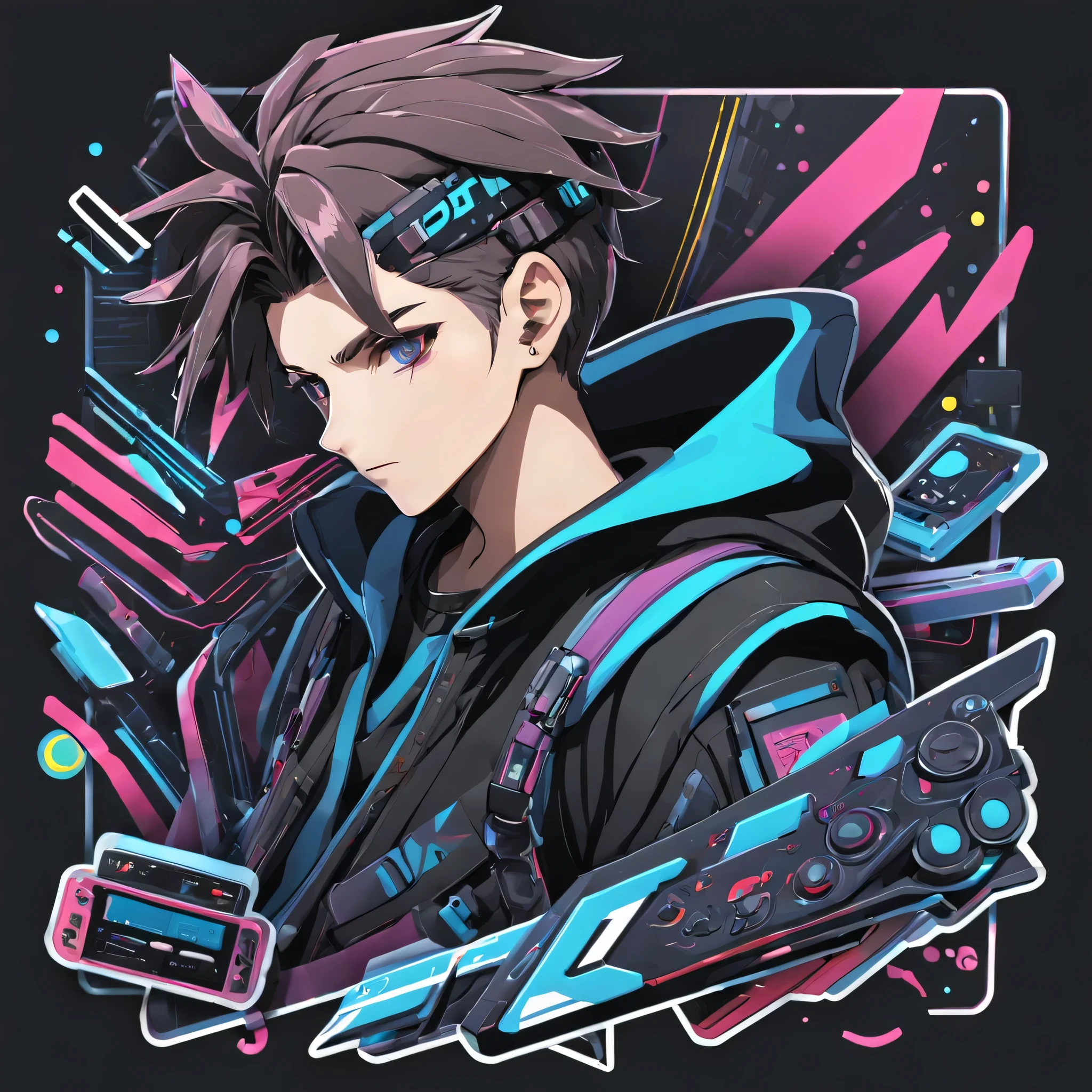 (One sticker,),(3D anime boy),nintendo switch, game card, gaming console, Xbox, (on a circular background), (cyberpunk border)， ultra - detailed, Detailed illustration, vectorized, 8K, 专业One sticker设计, Graphic design, vector lines, One sticker, Full-HD