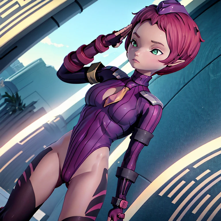 ultra-detailed, Explicit, Beautiful body, Beautiful Nose, Beautiful character design, perfect eyes, perfect face, ultra highres, 4K, beautiful legs, perfect legs, Nice hands, Perfect hand, Masterpiece, Best Quality, Highly detailed, illustration, absurdres, street fighter, doll suit, shadaloo doll, dollsuit, expressionless, blank eyes, looking at viewer, red gloves, emotionless, black latex, corrution, mind control, female combatant, full body, hypnotized, unhappy trance, full body suit, ribbed bodysuit, both arms at side, obey, perfect female body, extremely glossy latex, hypnosis, hypnoLora, empty eyes, Mind control device, poses, submissive_pose, Slave, hat, necktie, stand up straight, standing, standing at attention, hat, necktie, belt, latex, ribbed bodysuit, thighhighs, garter belt, Fighting Stance, extending the right arm from the shoulder into the air with a straightened hand, nazi saluting, military, military saluting, salute, thigh boots, 1girl, Aelita Evolution, code: lyoko, pink hair, short hair, long ear, green eyes