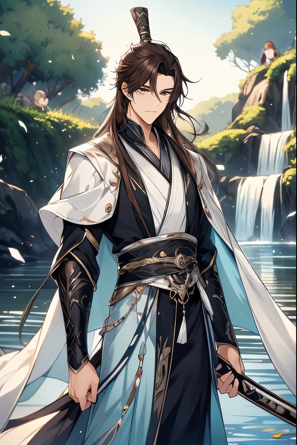 (Best quality at best,A high resolution,The image is clear:1.2),Ultra detailed backgrounds,Beautiful man standing holding sword,this it,wind blowing through,Chinese hooded Hanfu,:1.5),Garden scene,under moonlight,waterfall man,Romantic atmosphere,Dutch Angle Shot,gentlesoftlighting,shelmet,Upper part of the body