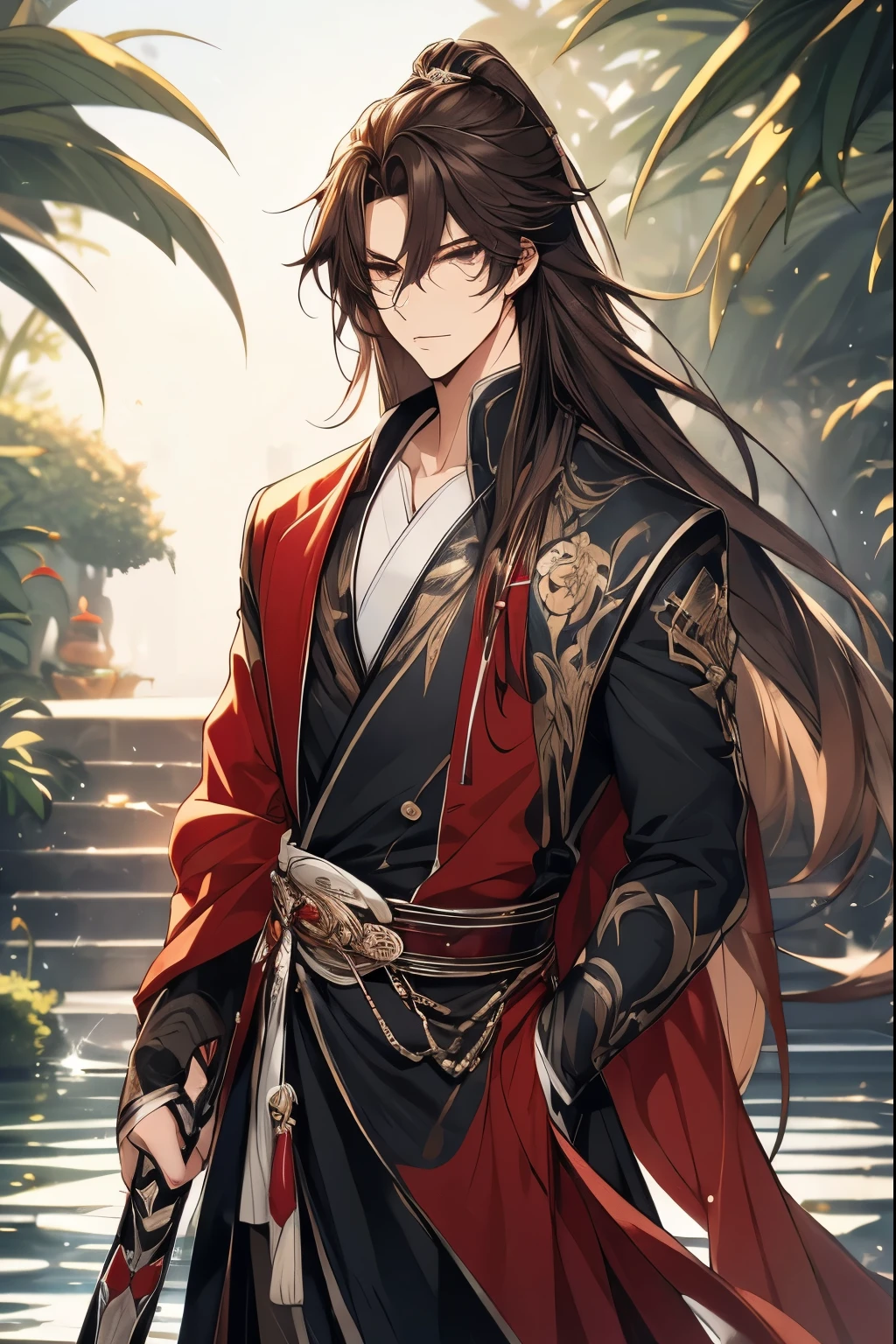 (Best quality,A high resolution,The image is clear:1.2),Ultra detailed backgrounds,Beautiful man standing holding sword，this it，wind blowing through，Chinese hooded Hanfu，：1.5），Garden scene,under moonlight,waterfall man，Romantic atmosphere,Dutch Angle Shot,gentlesoftlighting,shelmet，Upper part of the body