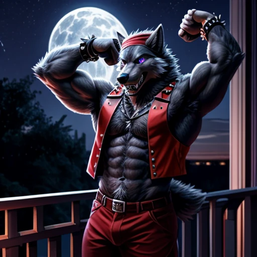 Male wolf, dark grey fur, sharp teeth, blue torn denin vest, no shirt, purple eyes, balcony, night, warm lighting, red headband, flexing, spike bracelets, hairy armpits