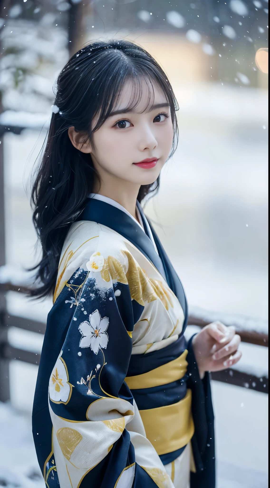 (Kimono)、、(top-quality,masterpiece:1.3,超A high resolution,),(ultra-detailliert,Caustics),(Photorealsitic:1.4,RAW shooting,)Ultra-realistic capture,A highly detailed,high-definition16Kfor human skin、 Skin texture is natural、、The skin looks healthy with an even tone, đùi, Use natural light and color,One Woman,japanes,,kawaii,A dark-haired,Middle hair,(depth of fields、chromatic abberation、、Wide range of lighting、Natural Shading、)、、(Falling snow:1.2)、(Hair swaying in the wind:1.now reflects light:1.2)、back lighting