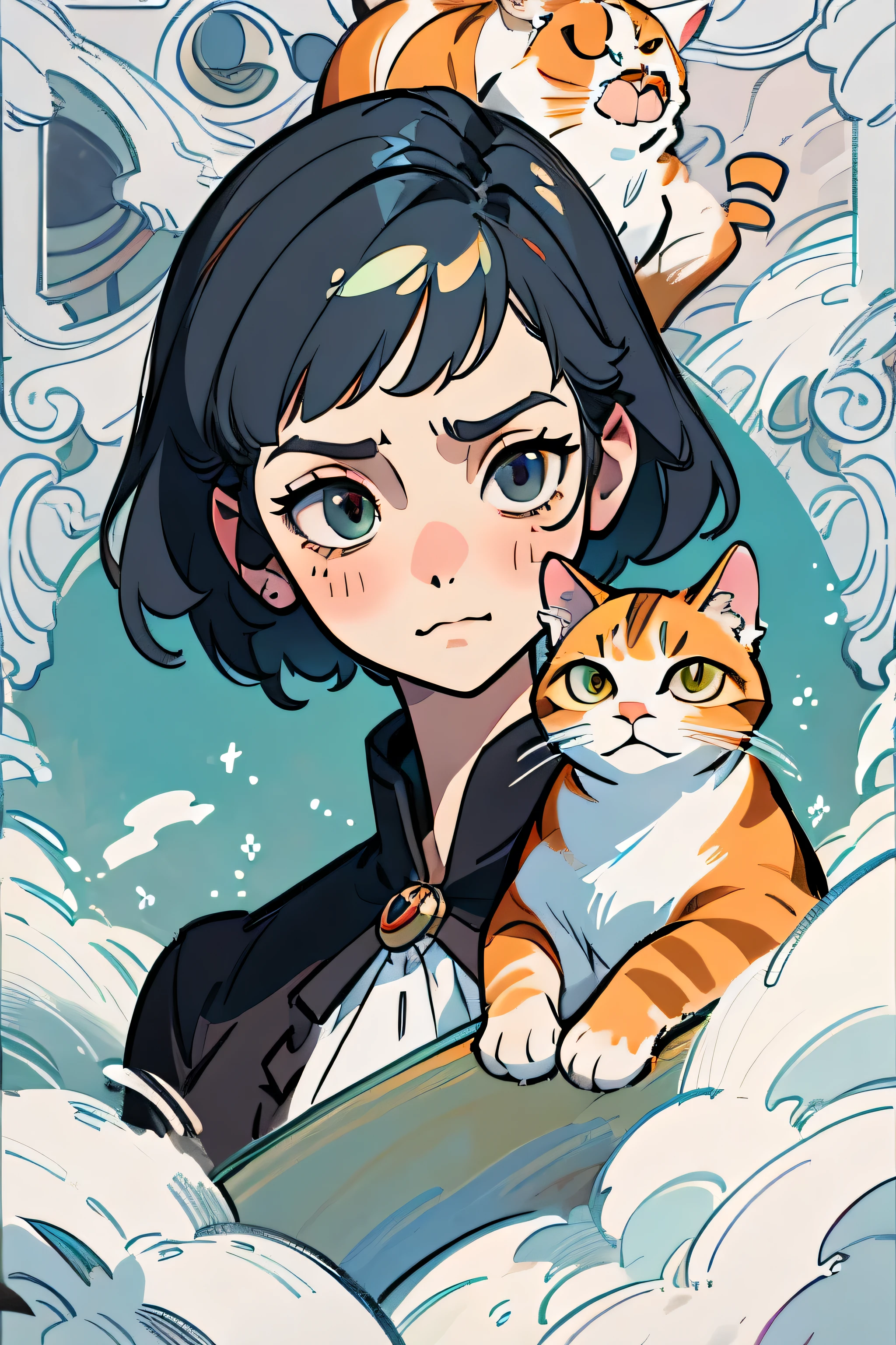 (Best quality,4K,A high resolution,tmasterpiece:1.2),ultra - detailed,actual:1.37,calico cat,Be expressive,thick graphite pencil,Clear lines,differentemotions,a variety of poses,Emotional,Playful,Curious,Elegant,Be expressive,attention-grabbing,attention-grabbing,Cute big breasts,realistically:1.1,detailed,strikingly actual,Proud,Happy,sleepy,mischief,chill out,daydream,vibrant with colors,artistic shading,impressive textures,Meticulous brushstrokes,Attractive cleavage,Attractive cleavage性格,contemplative,observant,Majestic,Amazing perspective,Multiple poses,Multitasking]

Please copy the generated tips into the stable diffusion，Generate high-quality calico cat portraits。