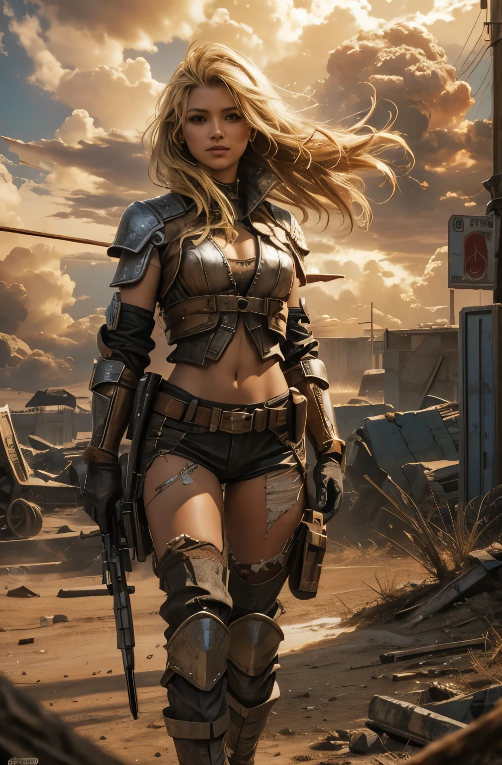 Dry sand dystopian world, dust and wind, in shattered concrette build ruins, servicing beautiful sexy blonde black haired woman victim warrior in rags and torn under panties, holding sharpend wooden stick tip covered in blood, 36k resolution, hyperdetailed, modern impresionism sereal and realism art style