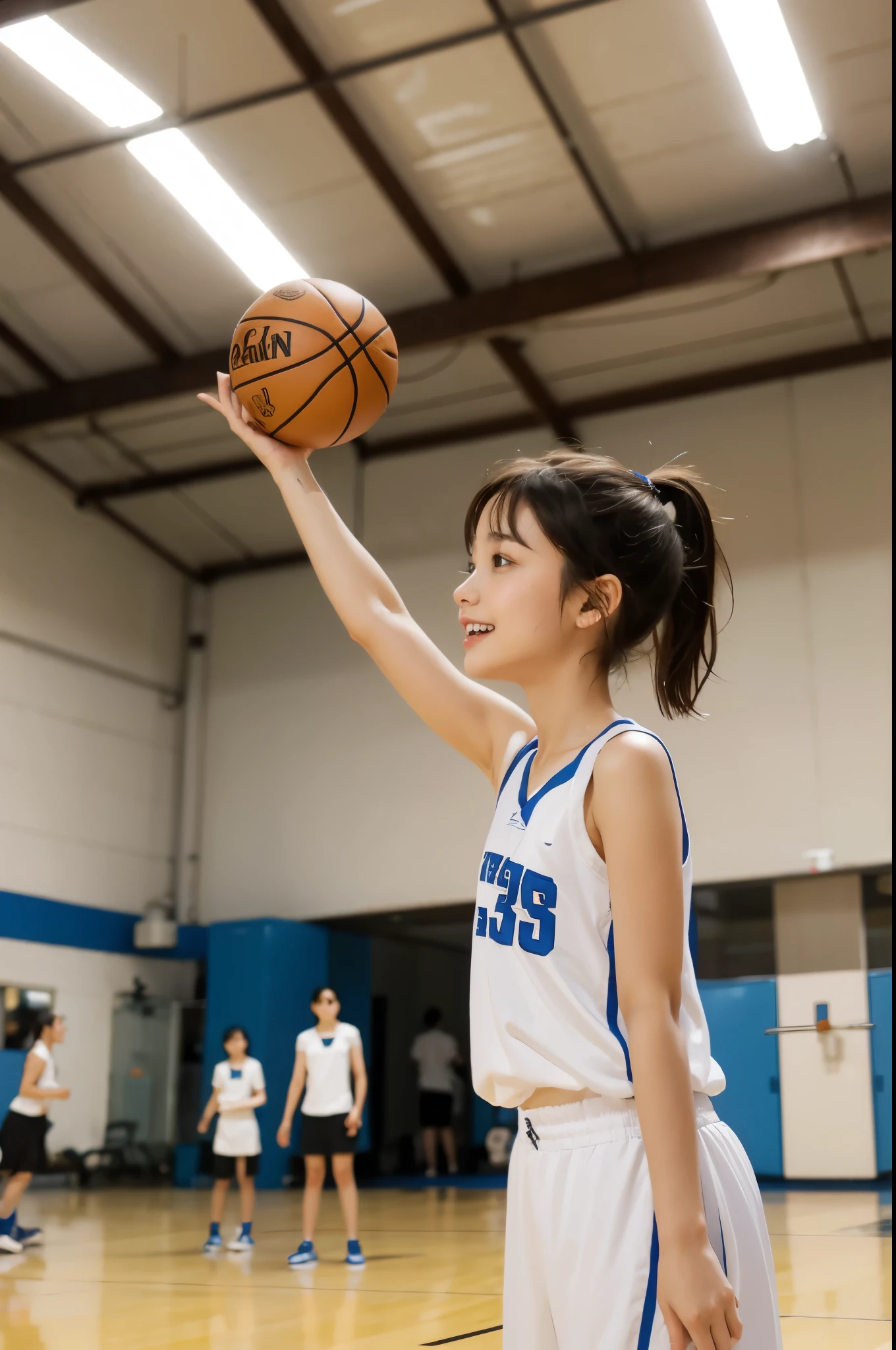 Zoom out a little more，You need to feel the power when you dunk，There was a boy sitting next to her looking at her，boys are cute