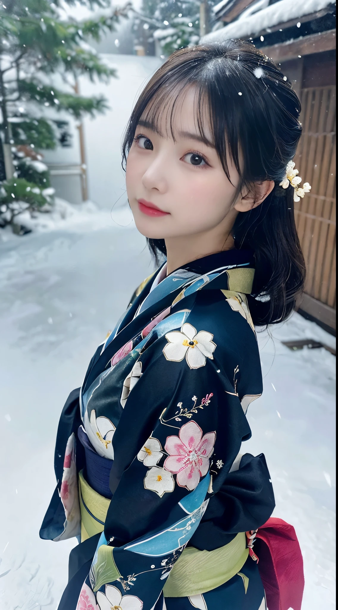 (Kimono)、、(top-quality,​masterpiece:1.3,超A high resolution,),(ultra-detailliert,Caustics),(Photorealsitic:1.4,RAW shooting,)Ultra-realistic capture,A highly detailed,high-definition16Kfor human skin、 Skin texture is natural、、The skin looks healthy with an even tone, đùi, Use natural light and color,One Woman,japanes,,kawaii,A dark-haired,Middle hair,(depth of fields、chromatic abberation、、Wide range of lighting、Natural Shading、)、、(Falling snow:1.2)、(Hair swaying in the wind:1.2)、(Snow reflects light:1.2)、back lighting