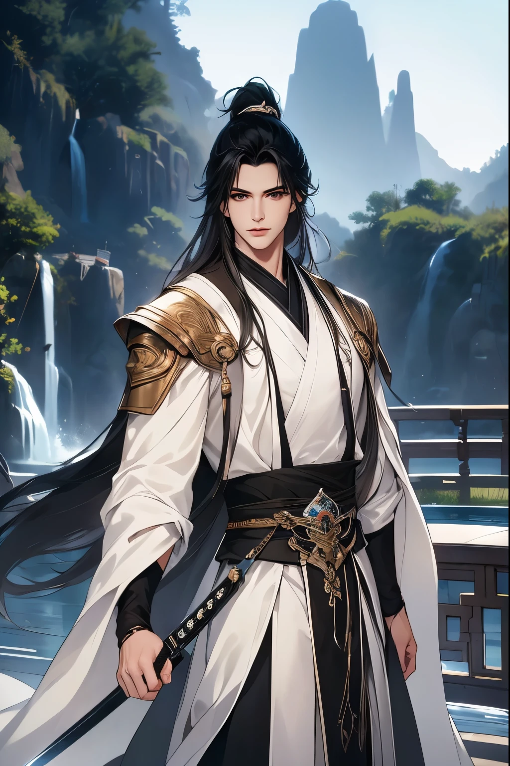 (Best quality,A high resolution,The image is clear:1.2),Ultra detailed backgrounds,Beautiful man holding sword，the only person，，wind blowing through，（Chinese hooded Hanfu，：1.5），the night，Garden scene,under moonlight,waterfall man，Romantic atmosphere,Dutch Angle Shot,gentlesoftlighting,shelmet，Upper part of the body