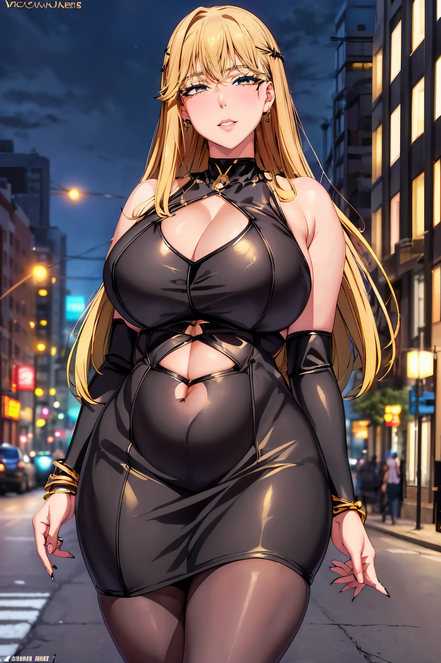 Masterpiece, Best Quality, High Quality:1.4), (professional artwork, extremely detailed girl:1.0), 8k, detailed eyes, perfect face, 1girl, yellow hair, (voluptuous, mature female, plump, large lips:1.2), wide hips, thick thighs, cleavage, heavy makeup, top heavy, bursting breasts:1.4), (skindentation) long eyelashes, dark eyeshadow, close up, (black lipstick:1.2), yellow hair, blue eyes, long hair, light smile, bare shoulders, (bodycon:1.2), (microdress:1.2), miniskirt, o-rings, cameltoe, navel, on road, night city, crowd, (public:1.2), handbag,