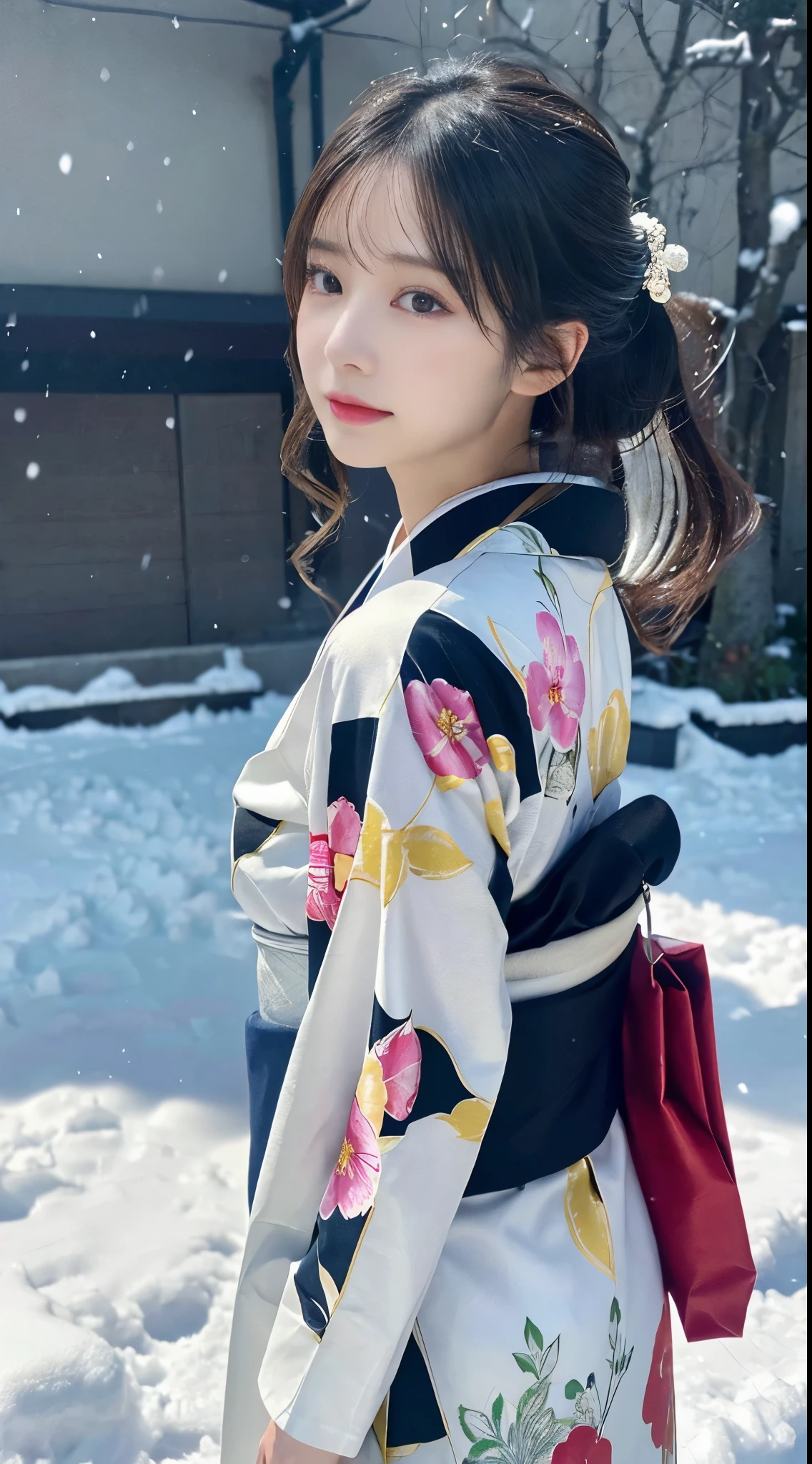 (Kimono)、、(top-quality,masterpiece:1.3,超A high resolution,),(ultra-detailliert,Caustics),(Photorealsitic:1.4,RAW shooting,)Ultra-realistic capture,A highly detailed,high-definition16Kfor human skin、 Skin texture is natural、、The skin looks healthy with an even tone, đùi, Use natural light and color,One Woman,japanes,,kawaii,A dark-haired,Middle hair,(depth of fields、chromatic abberation、、Wide range of lighting、Natural Shading、)、、(Falling snow:1.2)、(Hair swaying in the wind:1.now reflects light:1.2)、back lighting