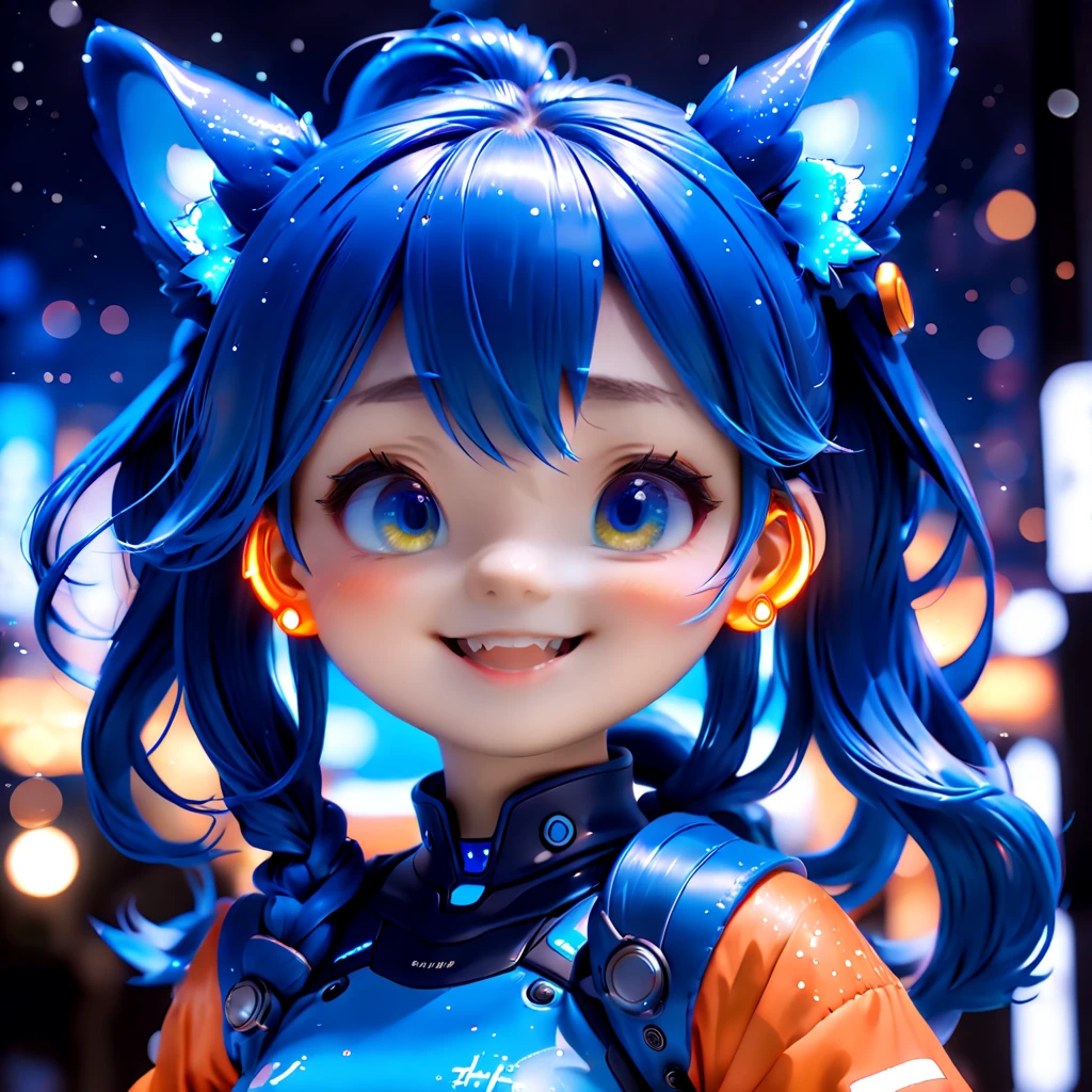 (closeup of face: 1.8), 3D character rendering，((1 girl，Blue double ponytail，Laugh))，((Hairstyling design：Brilliant deep blue，添加一些with light glowing的元素头饰，Such as orange photoelectric glasses or head-mounted displayacial design：在面部装饰上添加一些with light glowing线条或橙色 LED 灯光效果，Laugh，grin face，Highlight the image of future warrior))，((starryskybackground)), (Perspectives, first person perspective, Ghibli-style colors, with light glowing, 电影灯光, hyper HD, tmasterpiece, acurate, Anatomically correct, ctextured skin, super detailing, high detal, high qulity, Award-Awarded, Best quality at best, 8k), Pop Mart blind box, 3Drenderingof