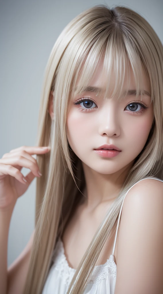 浅笑、natta、Raw photography、(((Portrait of extreme beauty)))、((glistning skin))、女の子1人、 beautiful girl in Prague、((Bright platinum blonde hair))、[bright light blue eyes]、Glossy glossy skin、Silky Super Long Straight Hair、eye liner、Long bangs、Hair between the eyes、Fluttering hair、((​masterpiece、最hightquality、ultra-detailliert、Film Light、intricate-detail、hight resolution、8K、ighly detailed))、细致背景、8K UHD、Digital SLR、Soft light、hightquality、Film grain、富士XT3 、The depth of field is shallow、natural soft light、（No hands）、Kamimei、Sareme、cheek highlights、Gloss Face