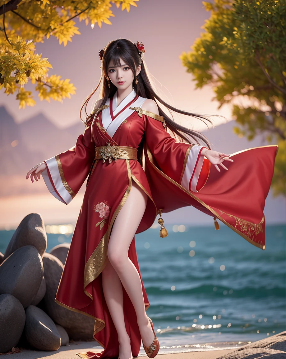 8K Ultra HD, masutepiece, girl with, Beautiful face, Detailed eyes, Detailed Rip, Very long sea, Robe Dress, red Robe Dress, highlight, Sunny weather, Blur effect, Full body capture,