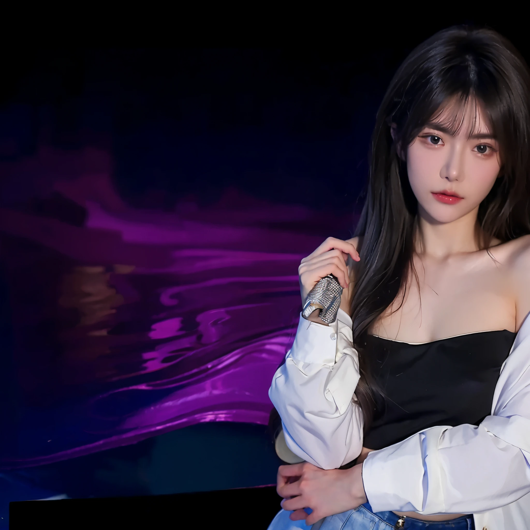 (There was a woman about 20 years old raising her hands:1.6), (Wearing a white open shirt:1.4),(Black tube top skirt:1.5),Fine fine skin,(Long black hair:1.35),Purple and blue background purple like water flow,tmasterpiece,Best quality at best,girl,maam,A high resolution,(sportrait:1.25),photore,actual,RAWphotore,(8K:1.25),