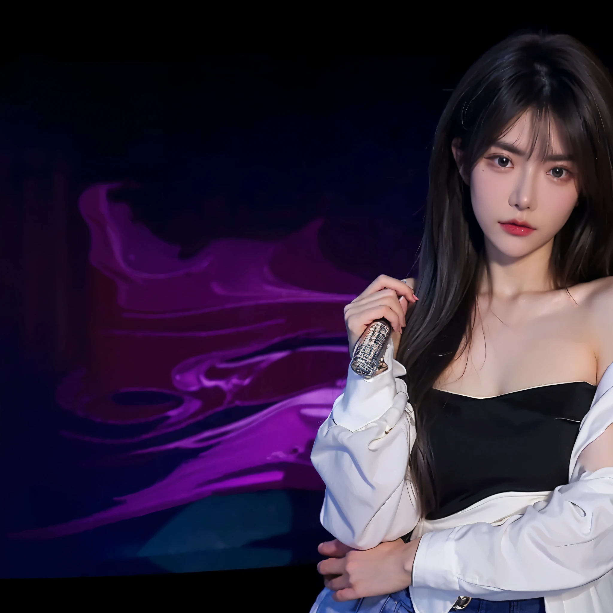 (There was a woman about 20 years old raising her hands:1.6), (Wearing a white open shirt:1.4),(Black tube top skirt:1.5),Fine fine skin,(Long black hair:1.35),Purple and blue background purple like water flow,tmasterpiece,Best quality at best,girl,maam,A high resolution,(sportrait:1.25),photore,actual,RAWphotore,(8K:1.25),