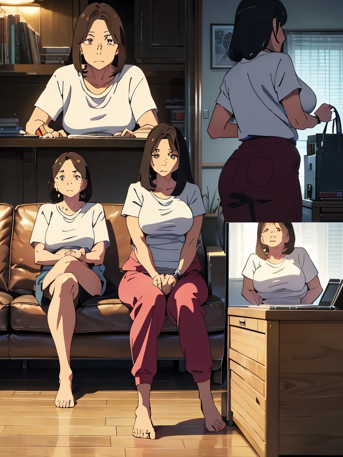 ((Best Quality,4K,8K,masutepiece)), 1woman,T-shirt, sweat pants, room slipper, sofa, A woman is sitting on the sofa and watching TV, (CharacterDesignSheet:1.3, Same character, front, Side, Back,Various expressions) , (multiple views), from below, (Anime style:1.3), (hyperdetailed body), (hyperdetailed Face), (Narrow eyes), (((tareme))), (((Mother:1.3))), (Mature Woman),(woman, 50 years old), (Large breasts:1.1), (Large buttocks:1.2), sagging breasts, droopy chest, Swaying breasts, bouncing breasts, Natural wrinkles, wrinkled Face, (Plump body:1.3), Chubby, Voluptuous, Dark hair, medium bob hair, Forehead, long Face, night, living room, Moody lighting, Japanese anime, (full body:1.3),