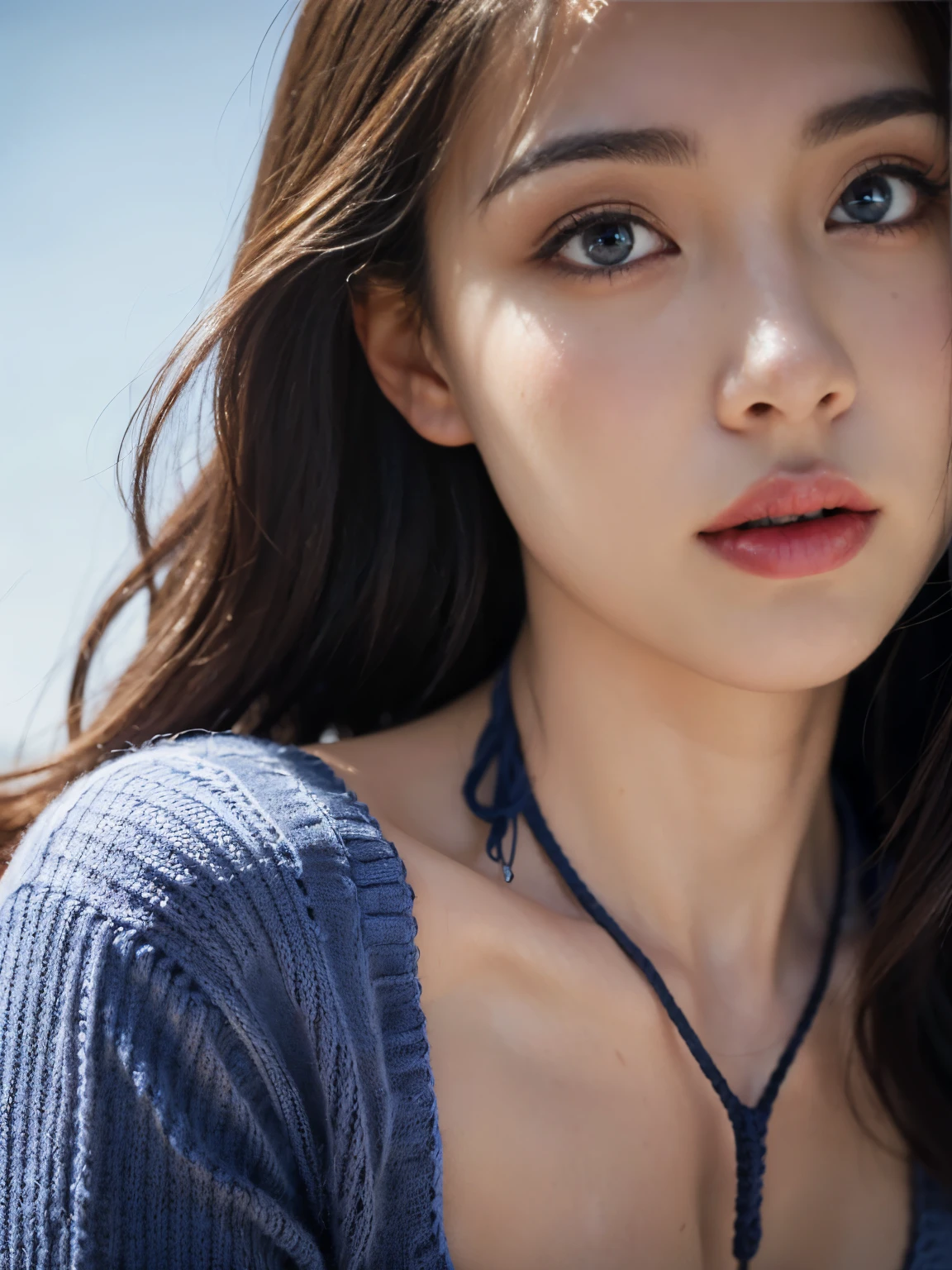 ((((top-quality))))、(((Ultra Precision CG16K Wallpapers)))、(((​masterpiece)))、(((ultra-detailliert)))、(((Ultra-extreme details)))、１Man Woman、a matural female、a 25yo woman、((Japanese face))、((extremely beautiful face))、((tanaka minami:1.5))、((Soft wave semi-long hair:1.3))、(shinny hair)、Bangs up to the eyebrows、Beautiful brown hair、Beautiful delicate eyes、Brown eyes、raised eyebrows、lofty nose、small nostrils、small mouth、seductive lips、slightly open mouth、Beautiful breasts、C-cup size breasts、cleavage of the breast、Plump body、perfectly proportions、perfect anatomia、perfect-composition、beautiful detailed shading、Beautiful natural lighting、Beautiful detail glow、depth of fields、(((a high chroma)))、(((realisitic:1.9)))、((Vivid:1.4))、((Beautiful skin))、((Skin texture))、((realisiticな皮膚感))、(((up close shot:1.5)))、((Frontal angle:1.5))、((Surprised face with open mouth:1.3))、(Eyes looking at me)、Bright sunshine、(((blue-sky:1.3)))、(standing pose)、(((Navy blue knit bikini swimsuit clothes:1.5)))、