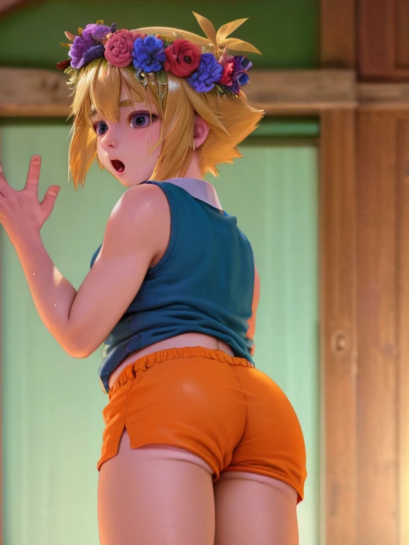 (best quality,4k,8k,highres,masterpiece:1.2),ultra-detailed,(realistic,photorealistic,photo-realistic:1.37),portraits,cute,blonde-haired boy with a head flower,green-haired boy with a head wreath,playful,femboy hooters,stylish orange short shorts,from behind,plump ass,ass focus,pulling shorts down,exposing