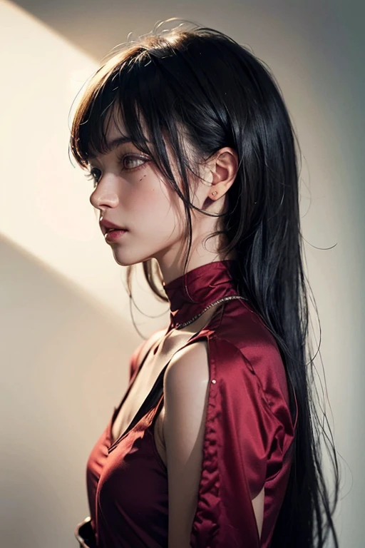 a 30 yo woman,(hi-top fade:1.3),long hair,dark theme, soothing tones, muted colors, high contrast, (natural skin texture, hyperrealism, soft light, sharp),In a red dress