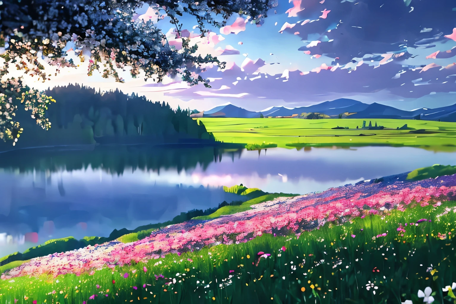 Summer, meadows, a few small flowers, clear lakes, heaven, large clouds, blue sky, hot weather, HD detail, hyper-detail, cinematic, soft light, deep field focus bokeh