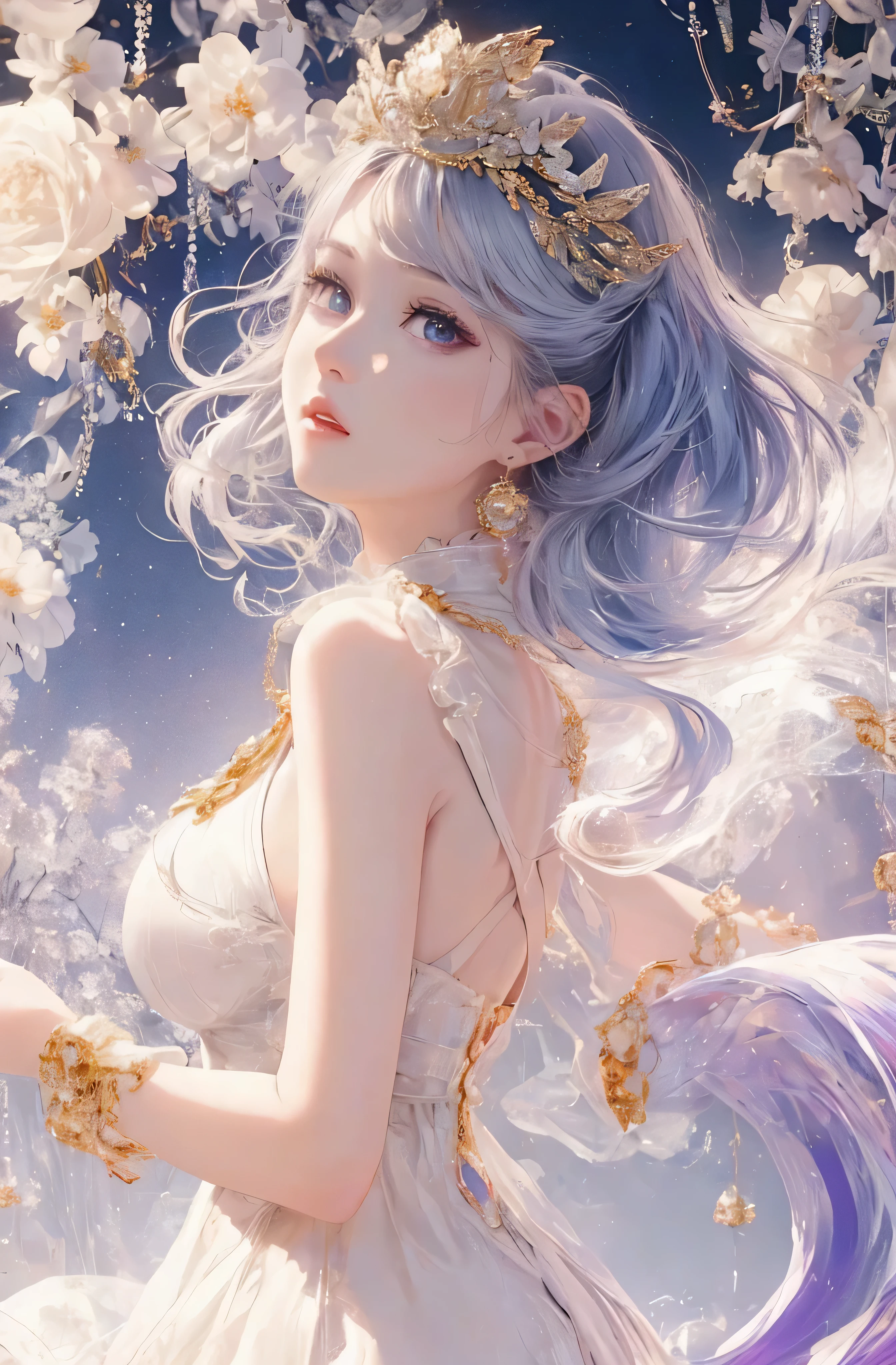 The upper part of the body、The face is front、profile、8K、realphoto、超A high resolution, Master Parts, Best Quality, nffsw , cinematic images,Lovely girl、ann、16 only、annグロサクソン、二重まぶた、drooing eyes、Very big eyes、Eyes purple、Dark eye shadow、The lips are very thin、The tip of the nose stretches beautifully..............................................、the tip of the nose is small,,,,, ighly detailed , Silver hair、Straight short hair、ssmile、 Sweet look 、a very beautiful woman、legs are long、 Very clear shadows , jewely , A sexy 、 A detailed eye, very intricate, shiny skins , パーフェクトブリリannト, Perfect Lighting, Dramatic shadows、White tiara on head、Gold necklace around the neck、White aristocratic dress with gold embroidery、