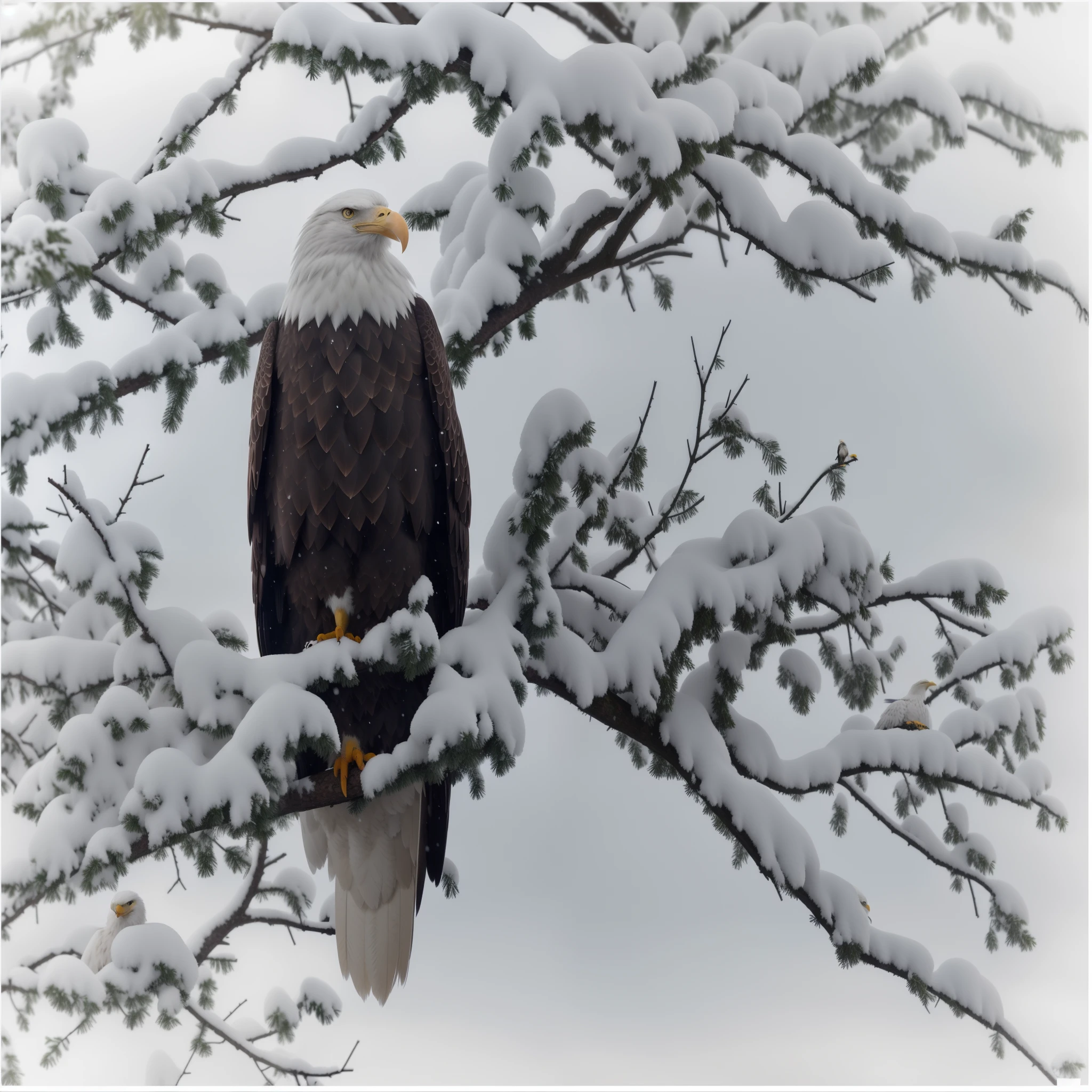 there is a bald eagle sitting on a snowy branch, eagle, bald eagle, proud look, inspired by Robert Bateman, proud looking away, in the middle of a snow storm, an eagle, covered in snow, eagles, stormy snowy weather, perched in a tree, majestic!!! beautiful!!!, staring, photo taken in 2 0 2 0, proud looking, by Jim Nelson