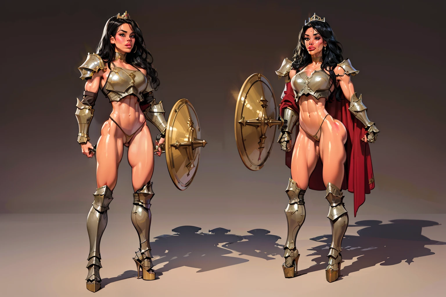 woman, ((long hair)), blackblue hair, ((beautiful)), hair split in middle, adorned in medieval armor, twerking, metal muscles, emanating a medieval elegance and marvel, armor pump bootreastplate)), chrome silver tiara, small armband, (shoulder armor), gauntlets, ((armored thong:1.5)), sword, shield, exposed midriff, (puffy lips:1.3), detailed eyes, ((slendered abs )),((sweaty), wide hips, (puffy lips:1.5), slender abs,rim lighting, side light, cinematic light, ultra high definition, 8k, film grain,best shadow, light particles, detailed skin texture, detailed gem armor texture, detailed face, intricate details, super detailed, bright, spiked heel boots