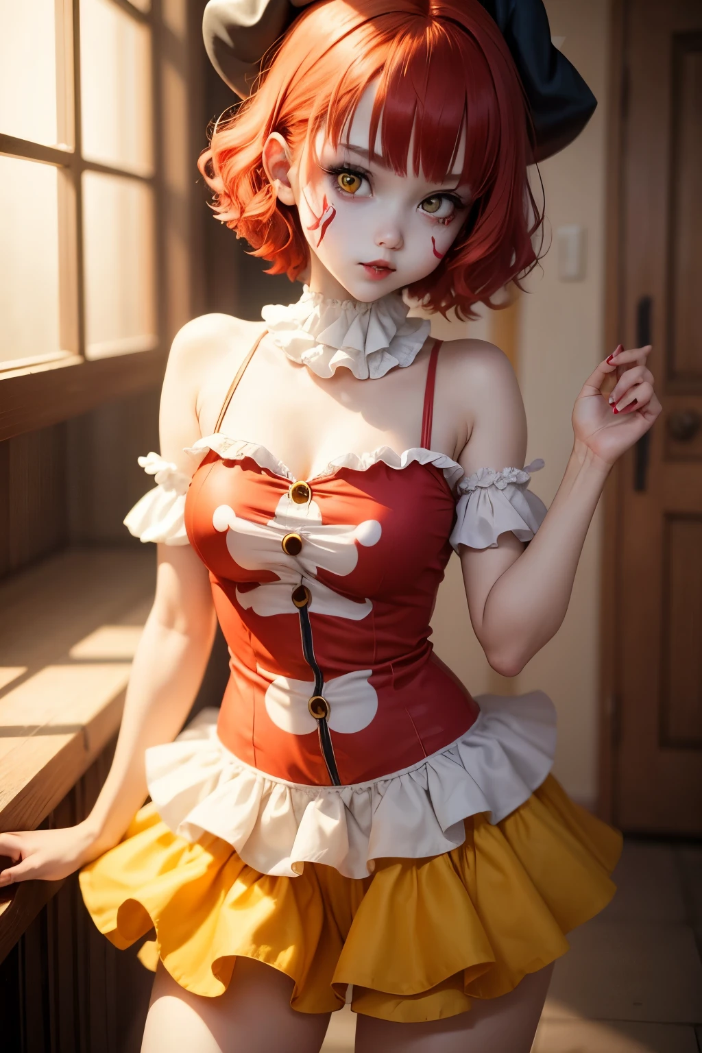 Cute girl, Clown costume, Joker, Short red hair,White skin, beautiful yellow eyes