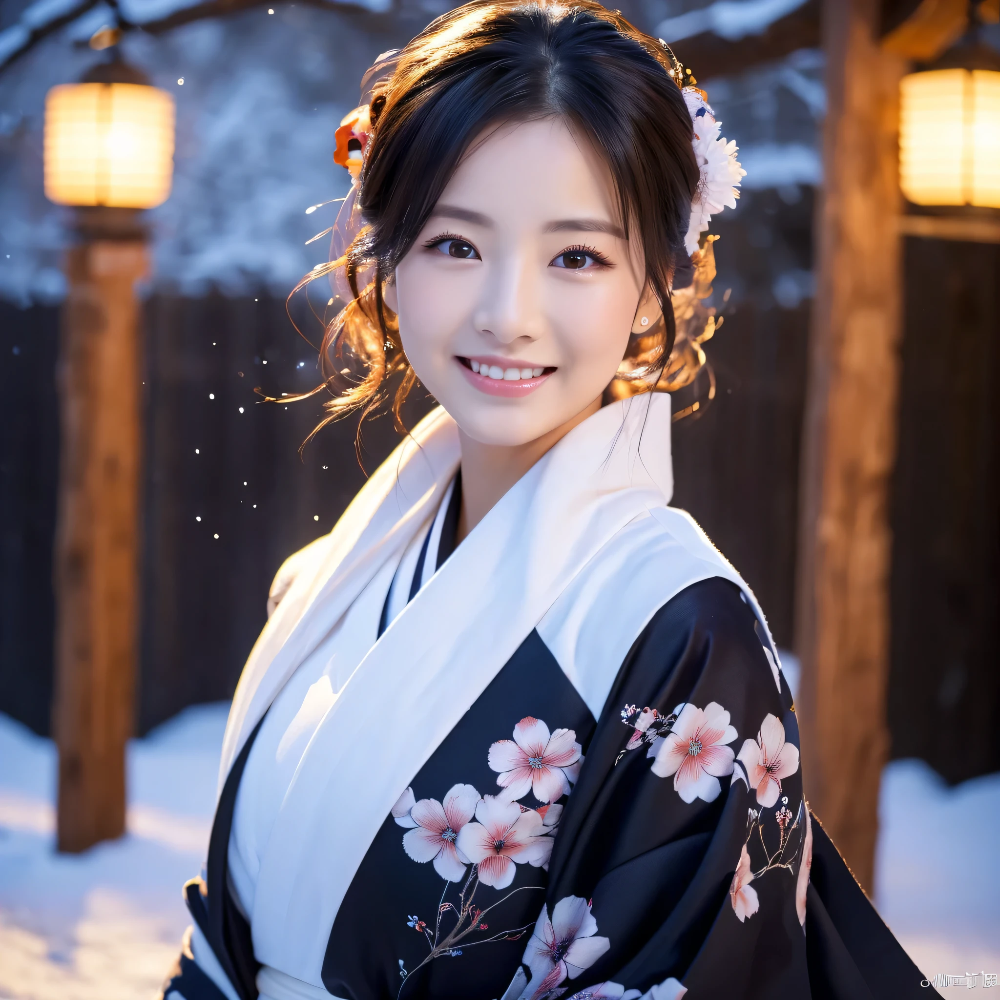 (Super beautiful woman in kimono)、((best qualtiy、8k masterpieces:1.3))、foco nítido:1.2、(ultra beautiful faces:1.0)、(shinny skin:1.0)、photos realistic、A dark-haired、Video Lighting、High-definition eyes and face、Video Lighting、Japanese actressl、from the front side、medium breasts、With a happy smile、Slender Abs Beauty、Whole body、wearing kimonos、In a snowy landscape in the middle of winter、highest grade obi
