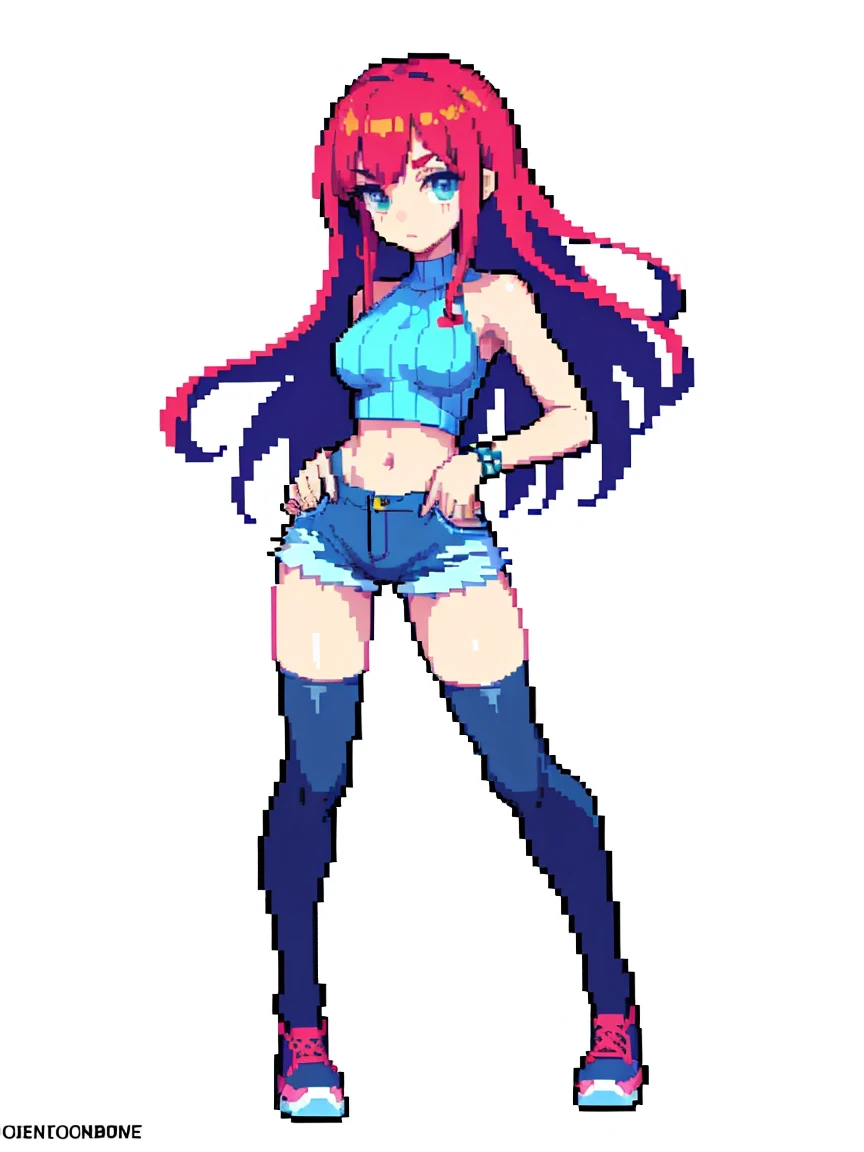 (masterpiece, top quality, best quality, less detail, 8-bit color), pixel,pixel art,1girl, fullbody, smack studio, separate body for edit, (denim shorts), (crop sweater), (bare shoulders), (thighhighs), (shoes)