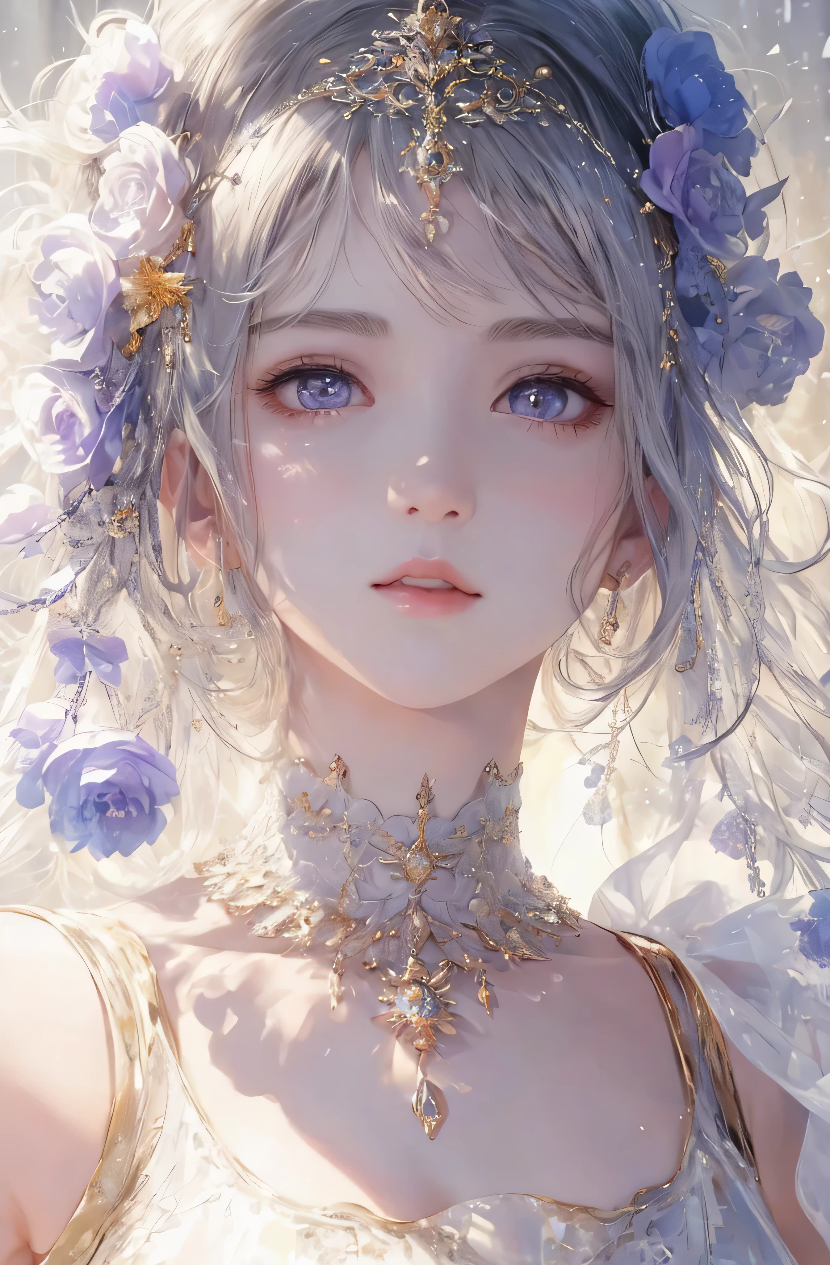 The upper part of the body、The face is front、profile、8K、realphoto、超A high resolution, Master Parts, Best Quality, nffsw , cinematic images,Lovely girl、ann、16 only、annグロサクソン、二重まぶた、drooing eyes、Very big eyes、Eyes purple、Dark eye shadow、The lips are very thin、The tip of the nose stretches beautifully................................................、the tip of the nose is small,,,,, ighly detailed , Silver hair、Straight short hair、ssmile、 Sweet look 、a very beautiful woman、legs are long、 Very clear shadows , jewely , A sexy , A detailed eye, very intricate, shiny skins , パーフェクトブリリannト, Perfect Lighting, Dramatic shadows、White tiara on head、Gold necklace around the neck、White aristocratic dress with gold embroidery、