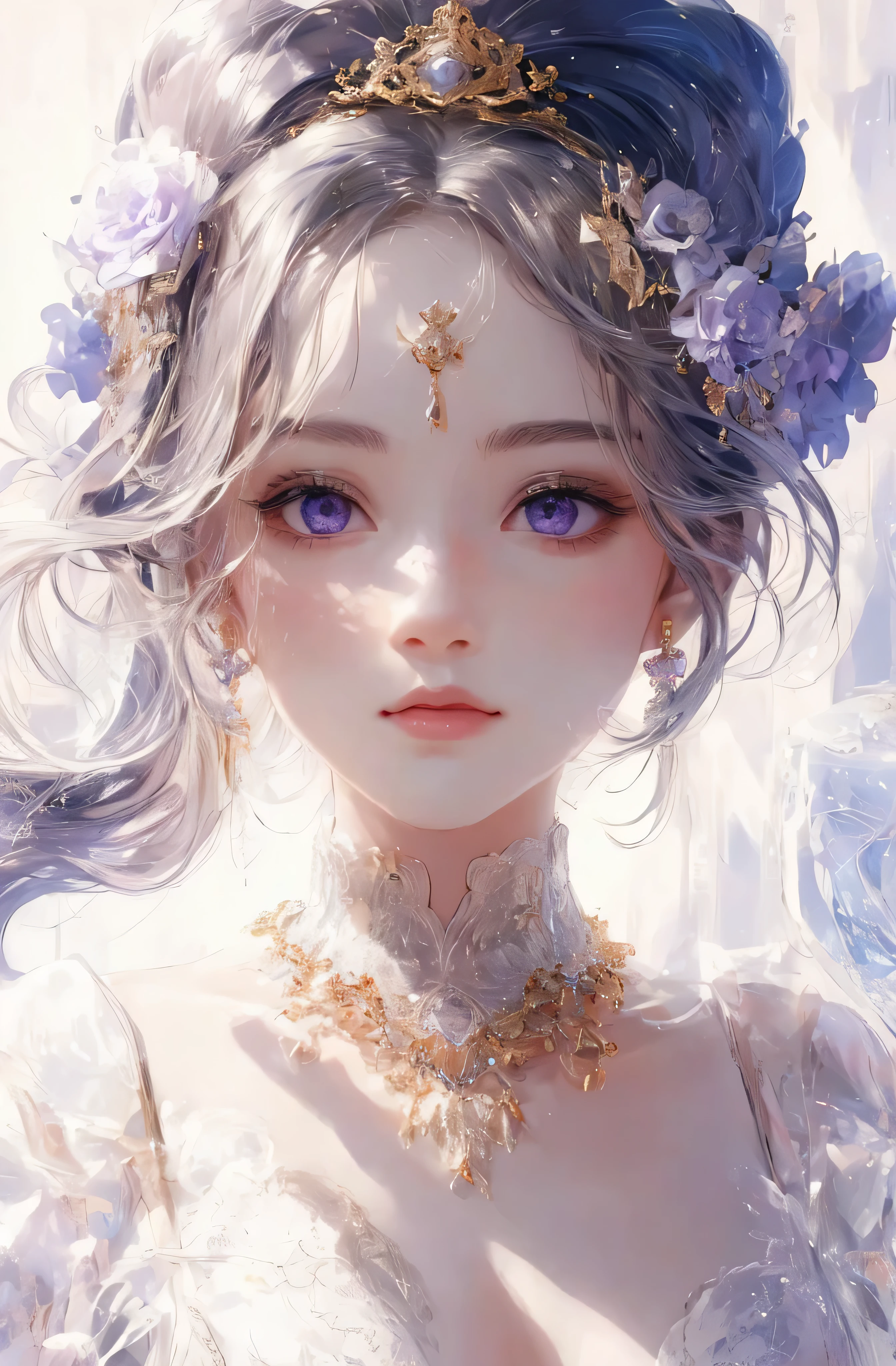 The upper part of the body、The face is front、profile、8K、realphoto、超A high resolution, Master Parts, Best Quality, nffsw , cinematic images,Lovely girl、ann、16 only、annグロサクソン、二重まぶた、drooing eyes、Very big eyes、Eyes purple、Dark eye shadow、The lips are very thin、The tip of the nose stretches beautifully...............................................、the tip of the nose is small,,,,, ighly detailed , Silver hair、Straight short hair、ssmile、 Sweet look 、a very beautiful woman、legs are long、 Very clear shadows , jewely , A sexy , A detailed eye, very intricate, shiny skins , パーフェクトブリリannト, Perfect Lighting, Dramatic shadows、White tiara on head、Gold necklace around the neck、White aristocratic dress with gold embroidery、