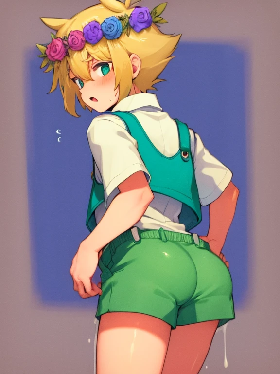 (best quality,4k,8k,highres,masterpiece:1.2),ultra-detailed,portraits,cute,blonde-haired boy with a head flower,green-haired boy with a head wreath,femboy hooters,tan shorts, white shirt, sweater vest, overalls, from behind,plump ass,ass focus,pulling shorts down,exposing self