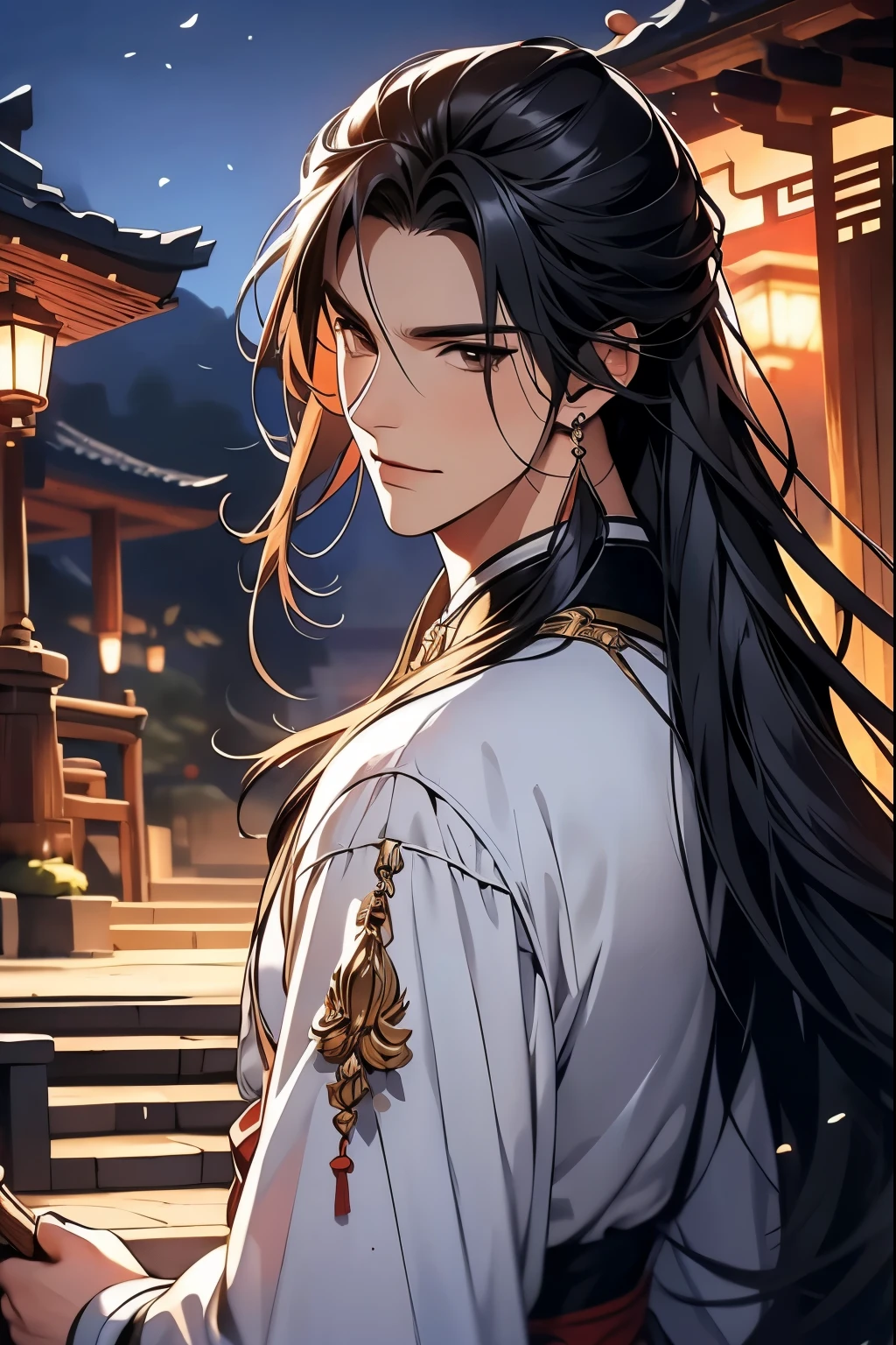 (Best quality at best,A high resolution,The image is clear:1.2),Ultra detailed backgrounds,Beautiful man holding sword,solo person,,wind blowing through,(Chinese black hooded Hanfu,:1.5),Garden scene,under moonlight,waterfall man,Romantic atmosphere,Dutch Angle Shot,gentlesoftlighting,shelmet,Upper part of the body