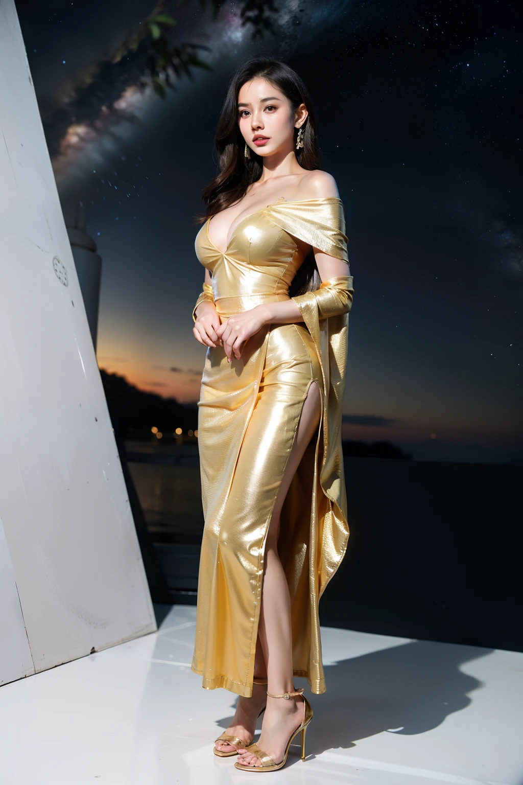 ((Perfectly insane textured)), ((Perfect proportional object arcithecture)), ((Perfect photo)), ((Super ekstremely detiled)), ((best quality)), ((masterpiece)), (bright face), (big boobs), (detailed), (full body), (anti aliasing), (standing tightly), (wearing high heels), (perfect proportion face), Perfect bright beautiful face, young indonesia girl, The face is soft and detailed, with perfect dark green eyes, bright make-up, earrings in her ears, standing tightly, wearing high heels shoes, the heels colored gold, and wearing balinese batik long sarong lengthly cloth. She wearing balinese traditional kebaya shirts with flower imbroidery, and with transparent airy sleeves, perfect composition, natural, ultra realistic, photo-realism, intricate detailed, insanely detailed, hyper detailed, sharp focus, intricate details, highly detailed, symmetry, intricate, volumetric lighting, beautiful, rich deep colors masterpiece, sharp focus, ultra detailed, in beautiful space and milky way atmosphere, ultra-wide angel camera shot.
