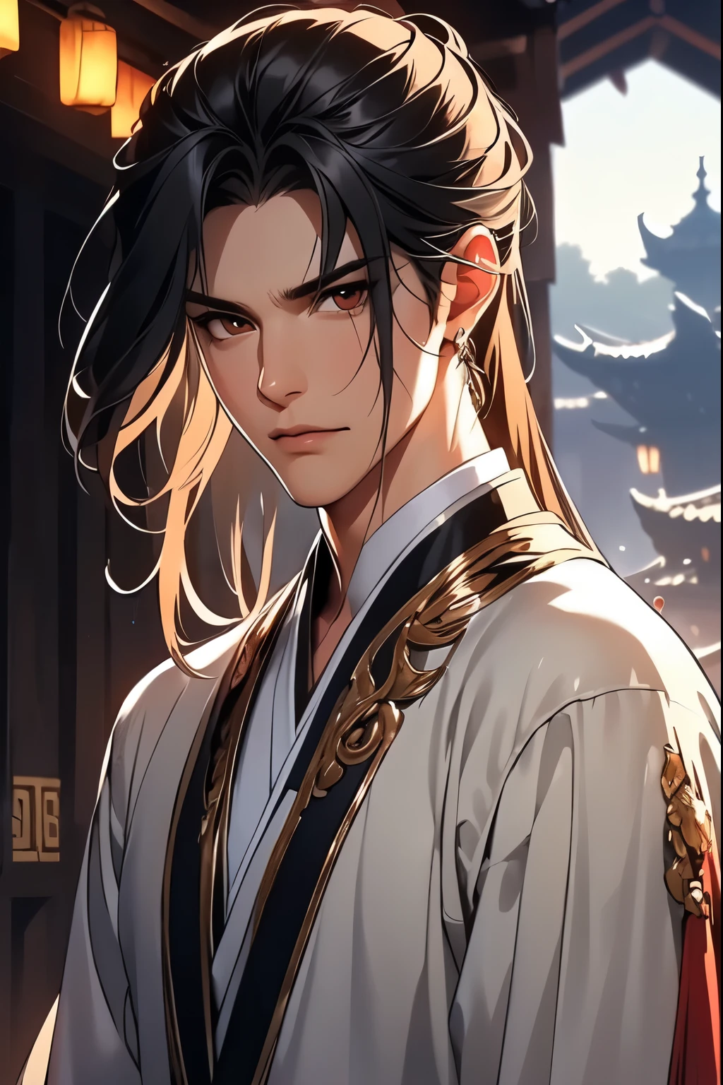 (Best quality at best,A high resolution,The image is clear:1.2),Ultra detailed backgrounds,Beautiful man holding sword，this it，wind blowing through，Chinese hooded Hanfu，：1.5），Garden scene,under moonlight,waterfall man，Romantic atmosphere,Dutch Angle Shot,gentlesoftlighting,shelmet，Upper part of the body
