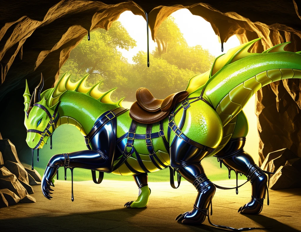 a photorealistic HD cg closeup render of a woman morphing into a feral latex dragon as a cursed saddle and harness wrap around her body, lemon with mint accents, human latex dragon hybrid, wearing saddle, harness, bridle, and mithril plate barding, inside abandoned stall in subterranean dragon aerie cave, heavily armored, human morphing into latex dragon, latex goo coating