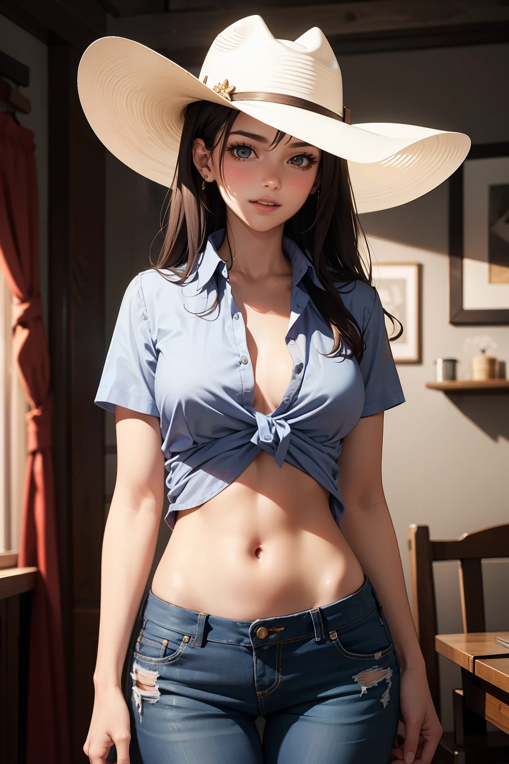 a close up of a naked woman wearing a cowboy hat and jeans, (nude), (sexy figure), (jeans jacket), cowgirl, western cowgirl, cow-girl, with straw hat, beautiful alluring anime woman, photorealistic, big-medium breast, (sexy waist), beautiful cowboy witch, female cowgirl, very sexy outfit, sexy girl, seductive girl, guweiz masterpiece, (sexy look) (masterpiece), (best quality), (8k), (highly detailed)