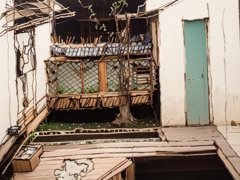 A conner of small garden, with chicken house and the tree. Tropical style, Vietnam wooden house