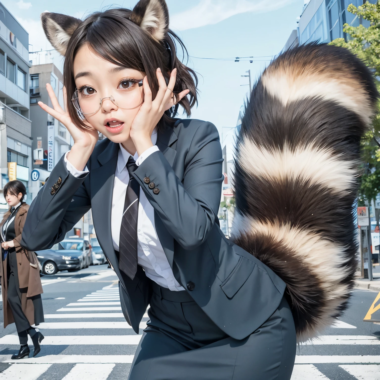 A woman wearing a suit with a raccoon tail, anthropomorphic raccoon, けもの, realistic, a picture, top-quality, Surprised face