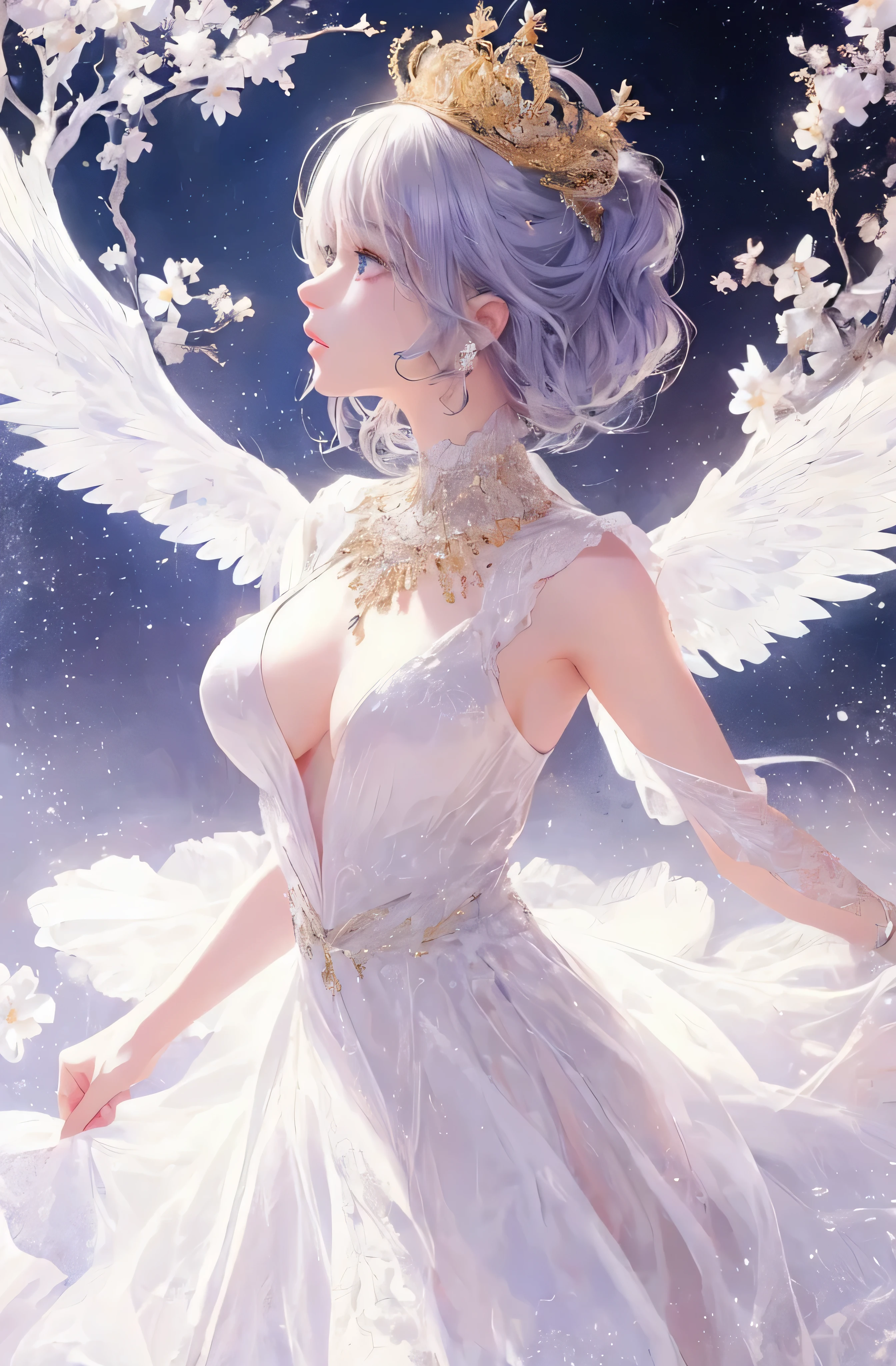 Castle in the distance、The face is front、Looking at the camera、profile、8K、realphoto、超A high resolution, Master Parts, Best Quality, nffsw , cinematic images,Lovely girl、ann、16 only、annグロサクソン、二重まぶた、drooing eyes、Very big eyes、Eyes purple、Dark eye shadow、The lips are very thin、The tip of the nose stretches beautifully......................、small nostrils,,,,, ighly detailed , Silver hair、Straight short hair、ssmile、 Sweet look 、a very beautiful woman、legs are long、Very clear shadows , jewely , A detailed eye, very intricate, shiny skins , パーフェクトブリリannト, Perfect Lighting, Dramatic shadows、White tiara on head、Gold necklace around the neck、White aristocratic dress with gold embroidery、Glass High Heels、Angel White Wings