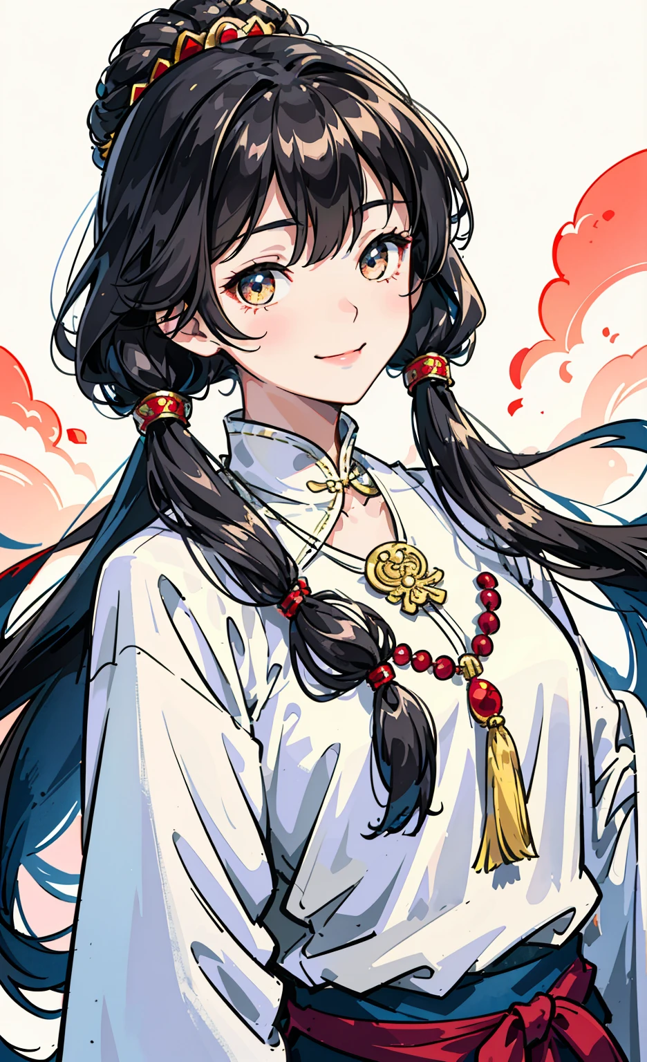 A girl, long braids, Tibetan girl, close-up, slightly raised head, smile, bust photo, upper body, appearance Yang transcendence, gorgeous Tibetan costume, cumbersome Tibetan necklace, cumbersome Tibetan headdress, fluff on clothes, white animal flull, real person CG, sweet style, film style, HD 4K