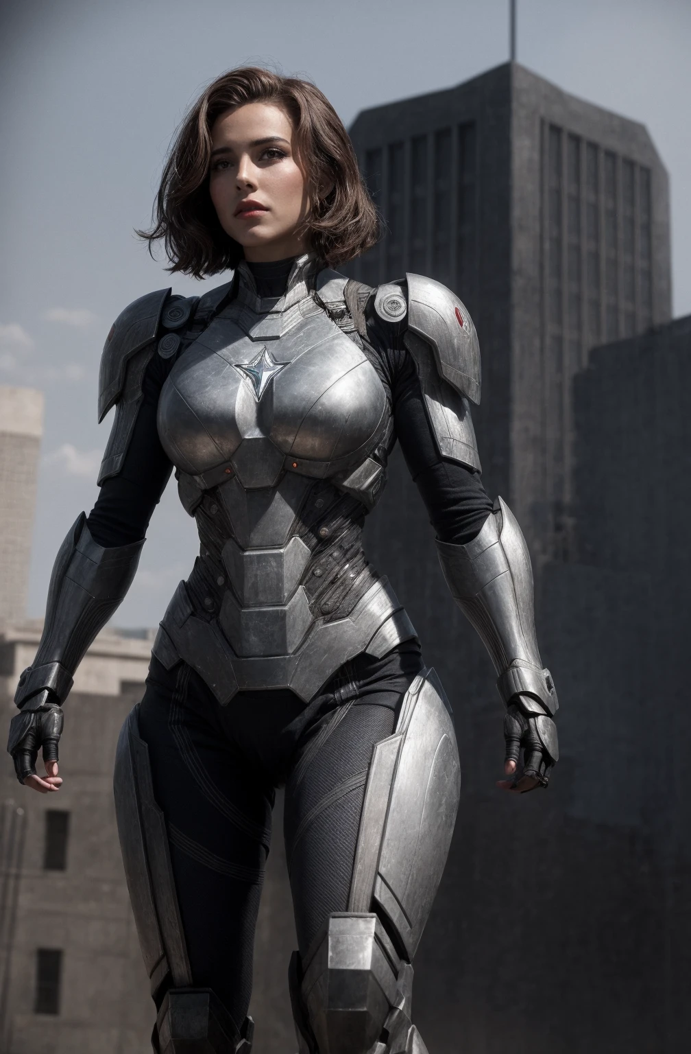 A picture of a busty female war machine from marvel, metallic armor textures, short brunette bob hair, in front of the pentagon, masterpiece, soft lighting and ambience