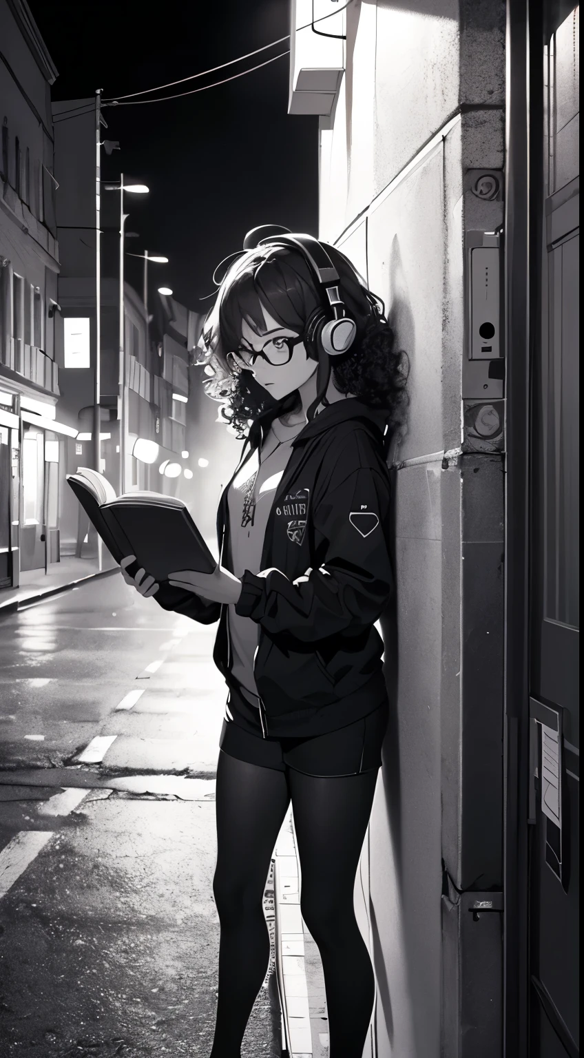 Masterpiece, detailed, lofi style, dark evening theme,  dark themed wallpaper, sexy girl with specs and curly hair, reading book, wearing headphones, aesthetic wallpaper, standing learning on a wall on right,8k wallpaper, aesthetic,
