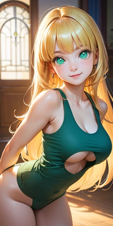 , very long gold hair,blunt bangs:1.5,messy hair:1.5, (photorealistic:1.4), (masterpiece, sidelights, exquisite beautiful eyes: 1.5), masterpieceportrait, realistic, 3D face,,kawaii face,front view: 1.5、 (glowing green eyes:1.2),plump face:1.5,(tareme:1.5)、(happy:1.5),Rosy Mouth,Slim Body,abs, shiny hair, shiny skin: 1.5、large breasts:1.3,solo,(Erotic forward bending posture:1.5)、(cutout between underboob and Tank top)、(charactor focus:1.5、portrait)、cowboy shot