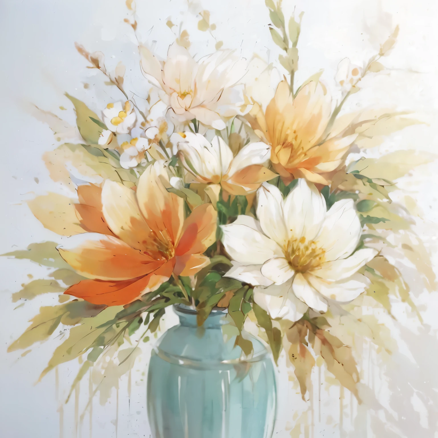 Vase painting on white background，There are flowers inside, Flower splash painting, The paintings are elegant and delicate, Elegant oil painting, realistic flowers oil painting, fine art painting, flower bouquet, Canvas art, soft focus oil painting, beautiful art, glaze oil painting, elegant flowers, magnificent art, meticuloso, pastel artwork, painterly style