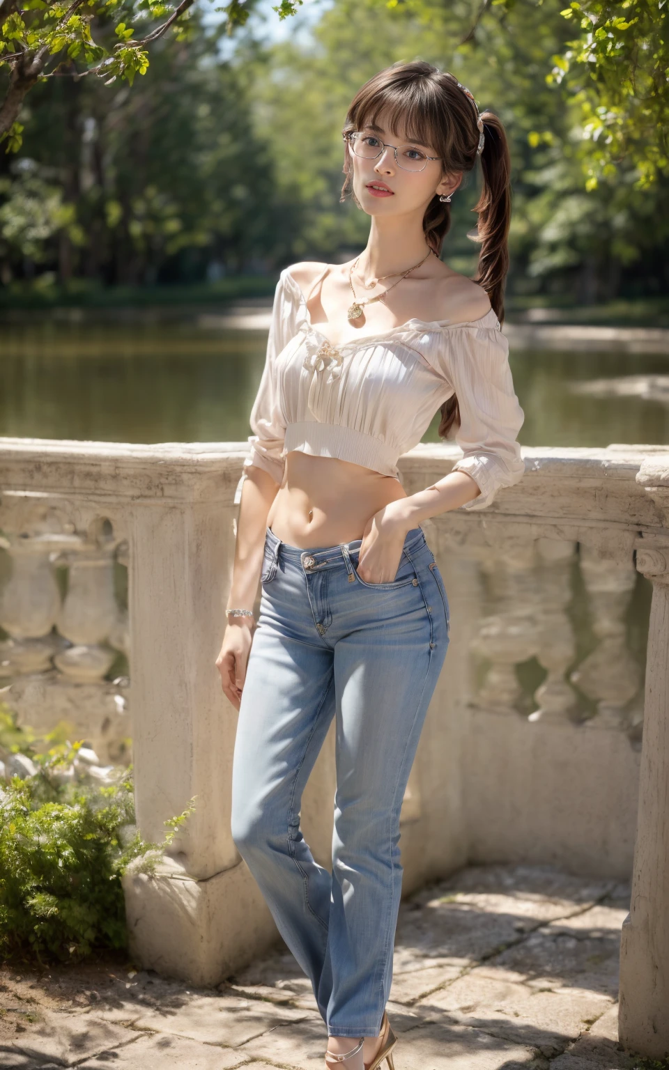 1 slim girl,(black hair semi-long)(beautiful hair), actress, , shiny skin, best quality, masterpiece, (photorealistic:1.4), terrace seating, Europe, France, Paris, denim mini skirt (realistic fabric), flat tummy, slim abs, (belly button:1.4), (hips and groin showing:1.5), white short sleeves (cotton fabric), (no logo), thin fingers