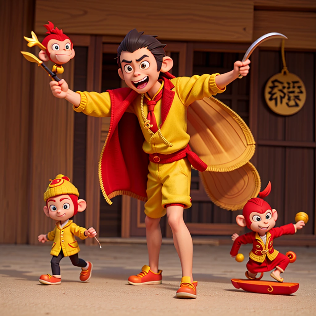 a cartoon monkey with a yellow jacket and a red tie, monkey king, sun Wukong, humanoid monkey fantasy race, Wukong, clever monkey with a long knife, qiangshu, girl, 人物, Olette, Inspired by Puhua, monkey, Cute characters, Wanda, inspired by Xie Huan