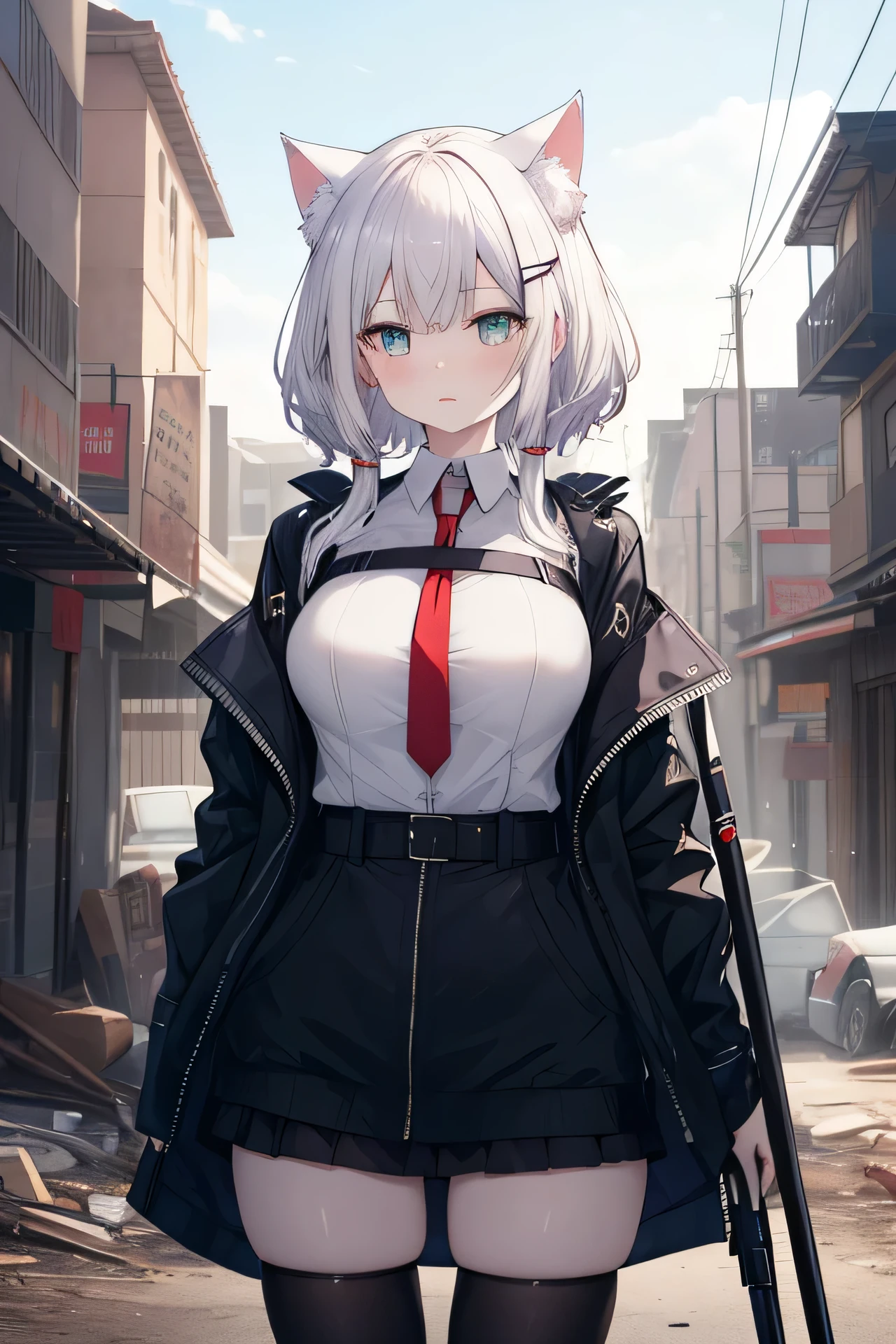 ((masutepiece)), ((Best Quality)), ((8K)), High resolution, 1girl in, Cat ears, pale skin, Large breasts, Green eye, Looking away, Military uniform, arma, Wasteland, morning, Jacket,